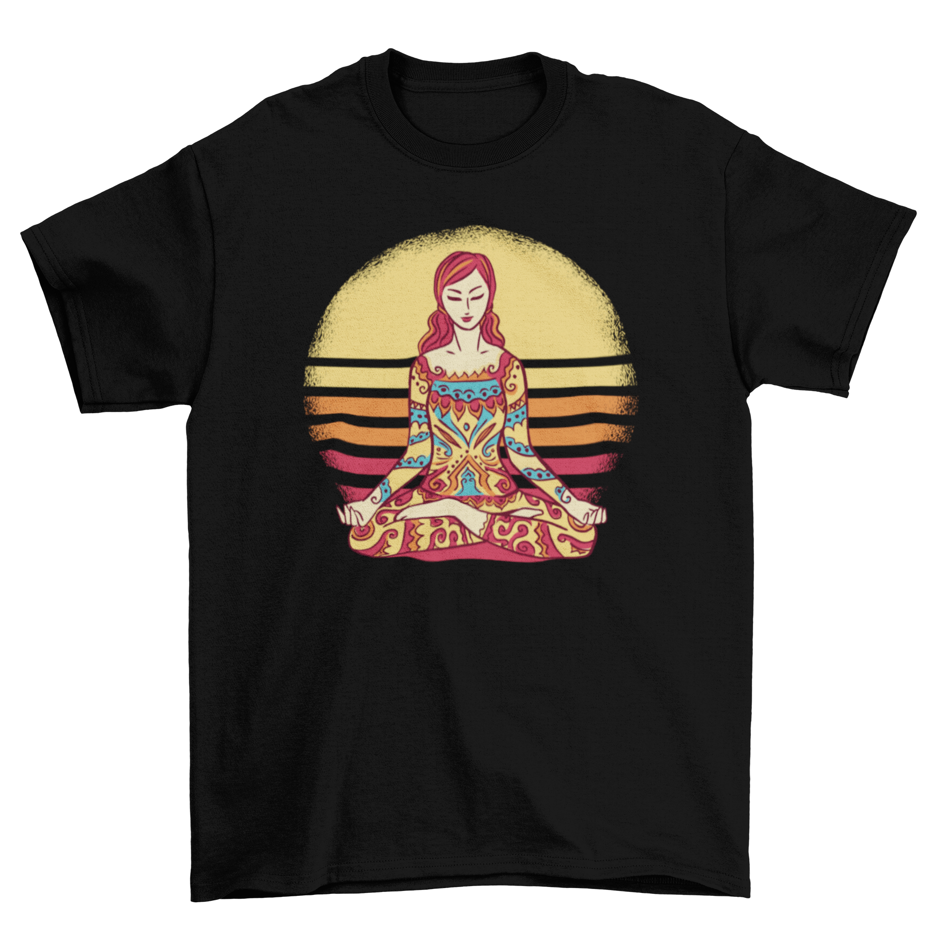 Mandala Woman T-shirt featuring a vibrant illustration of a woman with mandala prints, showcasing artistic design and comfort.