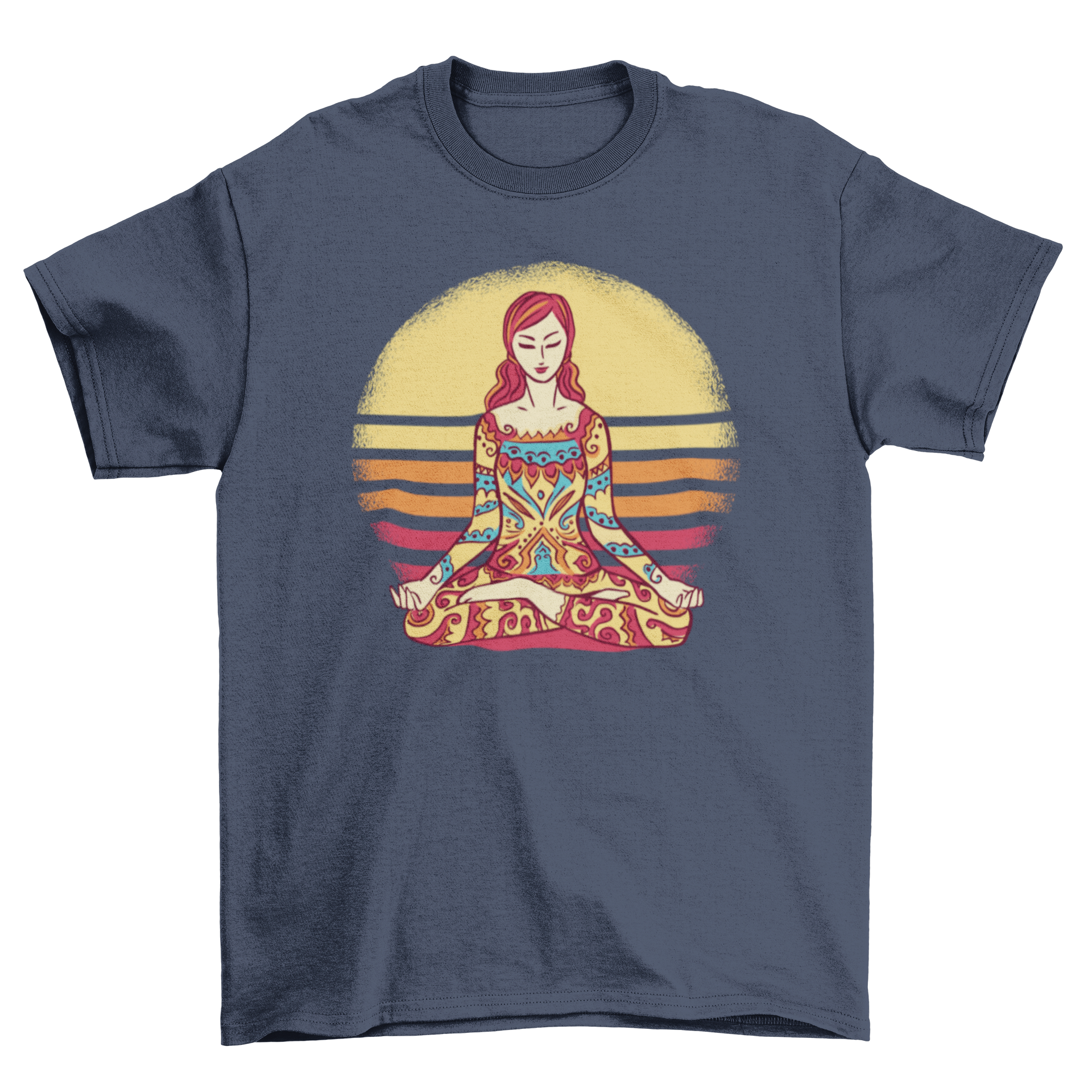 Mandala Woman T-shirt featuring a vibrant illustration of a woman with mandala prints, showcasing artistic design and comfort.