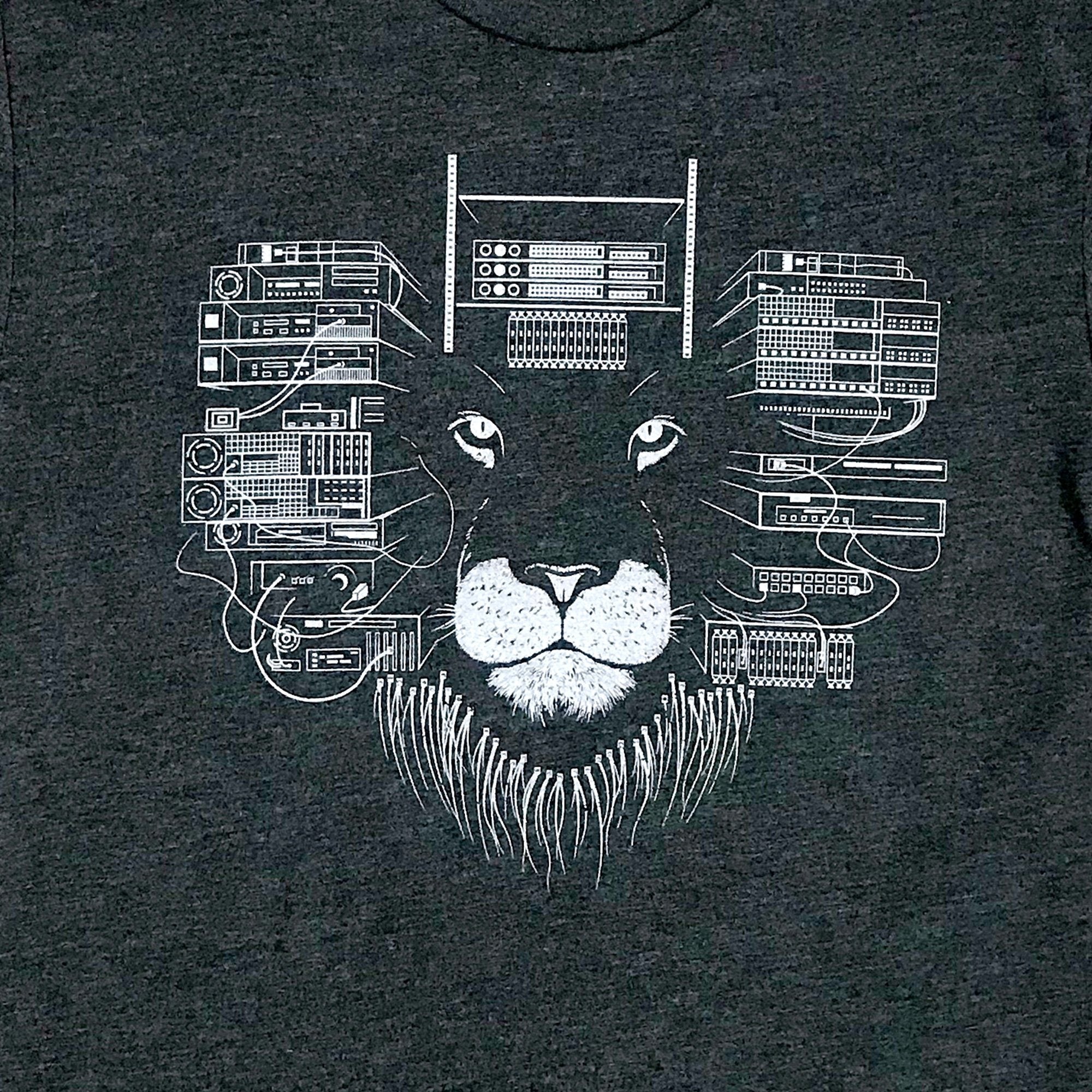 Charcoal grey Maneframe T-shirt featuring a bold lion graphic, designed for tech entrepreneurs.