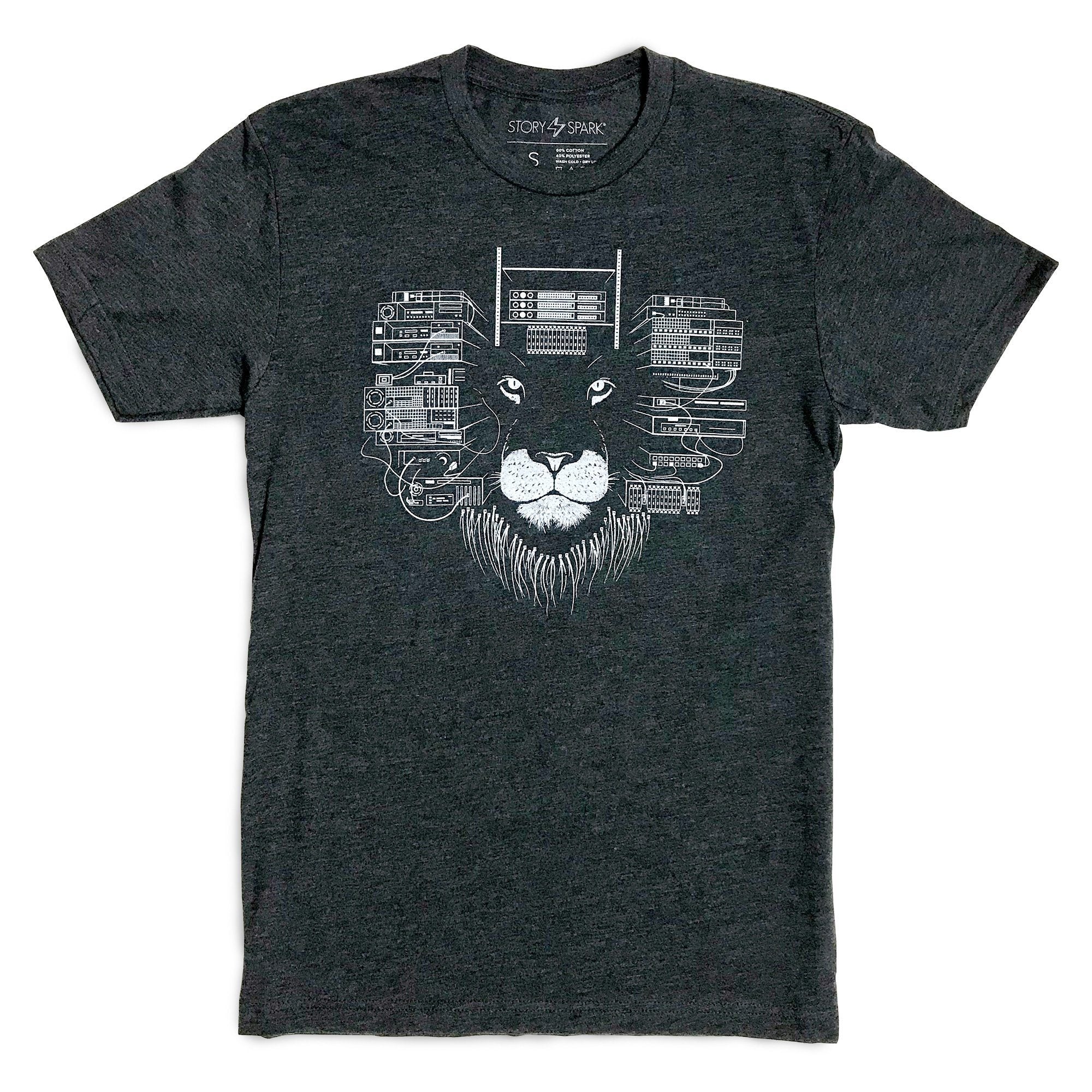 Charcoal grey Maneframe T-shirt featuring a bold lion graphic, designed for tech entrepreneurs.