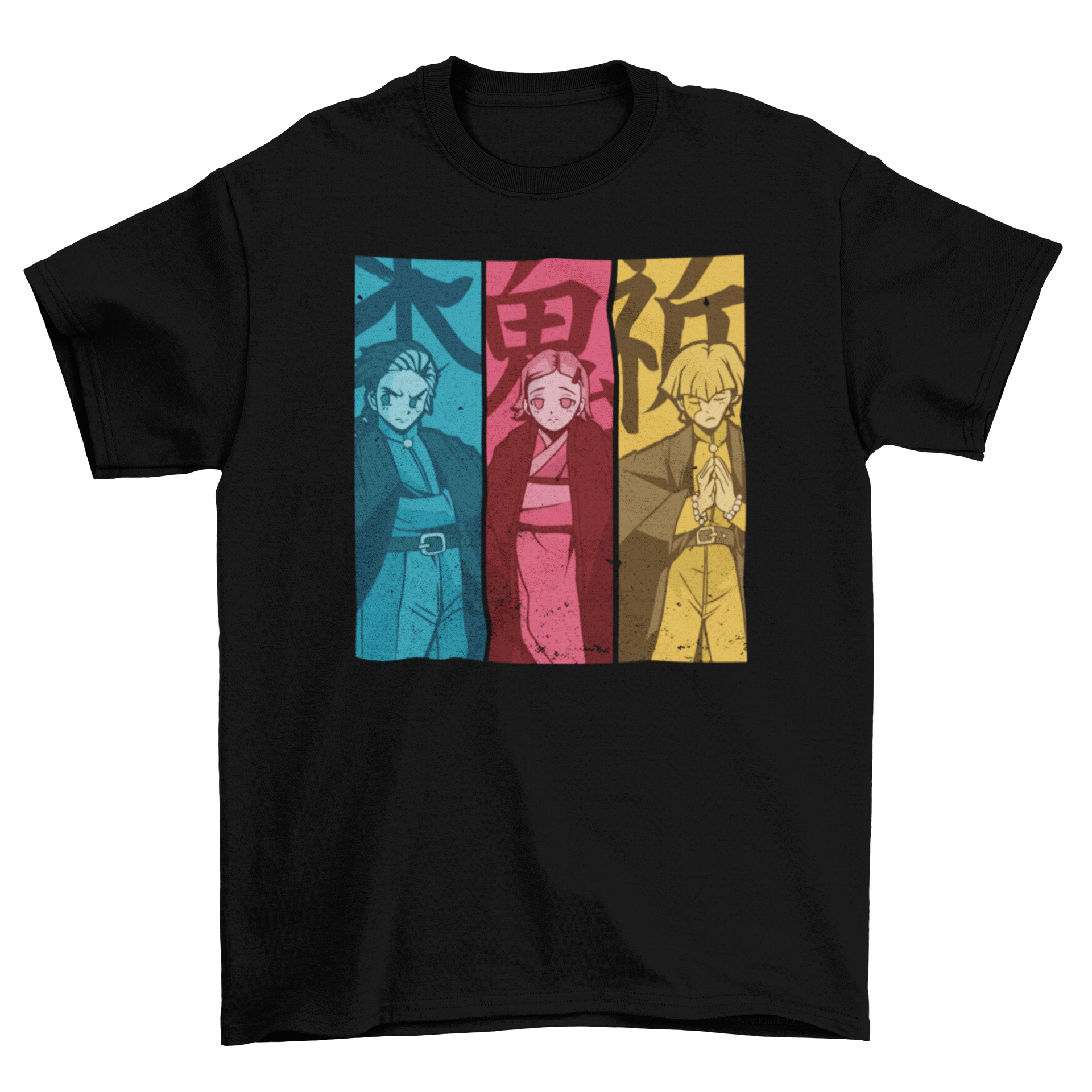 Manga Characters T-shirt featuring three anime characters in vibrant blue, red, and yellow colors.