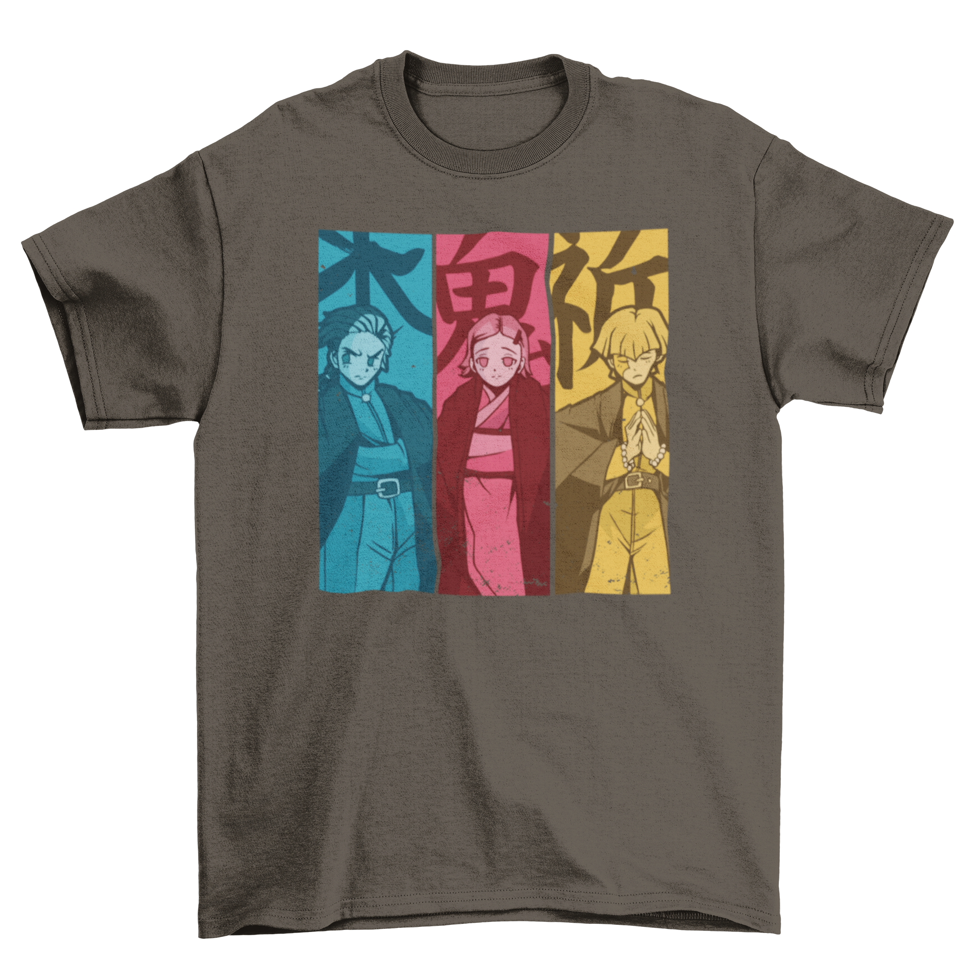 Manga Characters T-shirt featuring three anime characters in vibrant blue, red, and yellow colors.