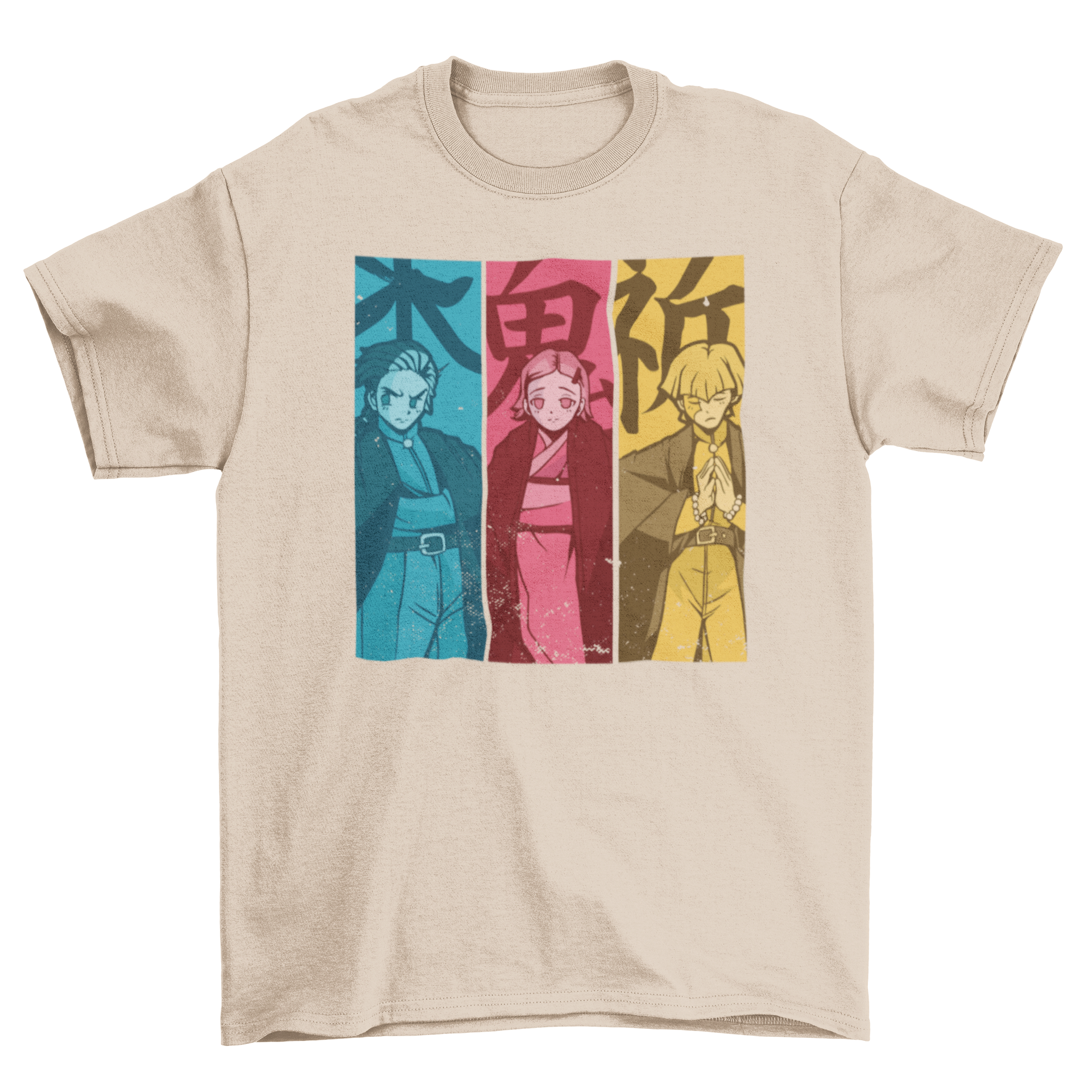 Manga Characters T-shirt featuring three anime characters in vibrant blue, red, and yellow colors.