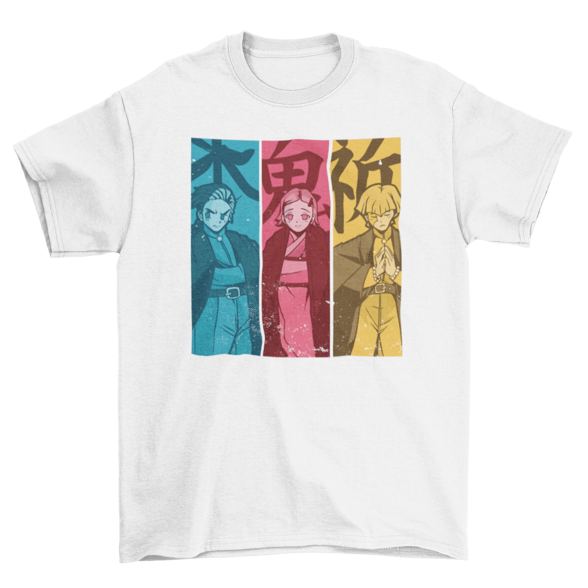 Manga Characters T-shirt featuring three anime characters in vibrant blue, red, and yellow colors.