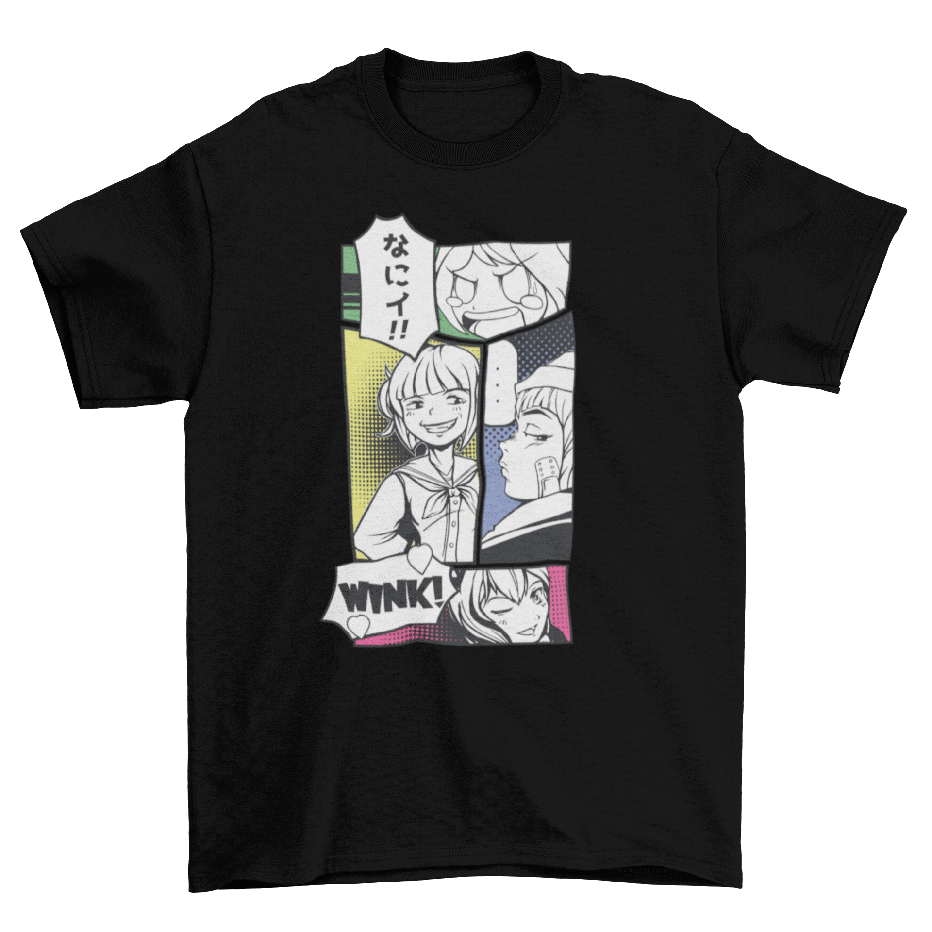 A stylish t-shirt featuring vibrant manga panel illustrations, perfect for anime fans.