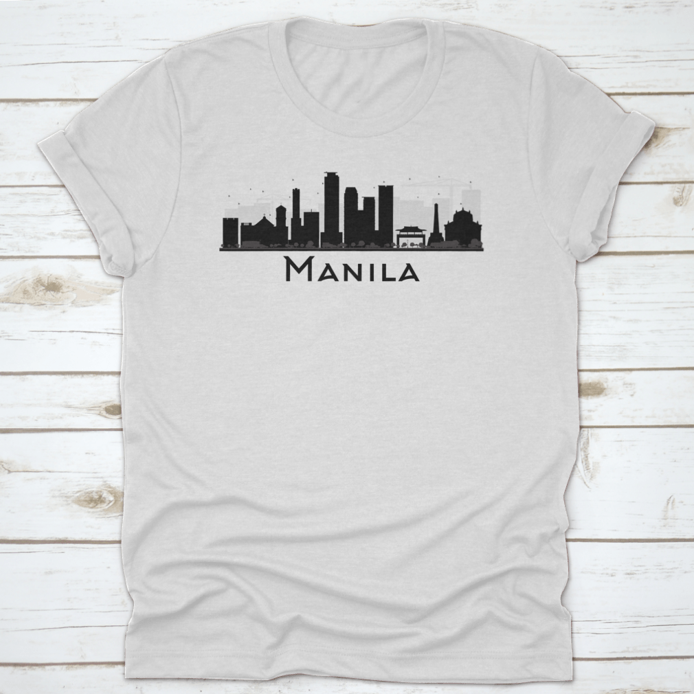 Black and white silhouette of Manila City skyline on a stylish T-shirt, showcasing iconic buildings in a minimalist design.