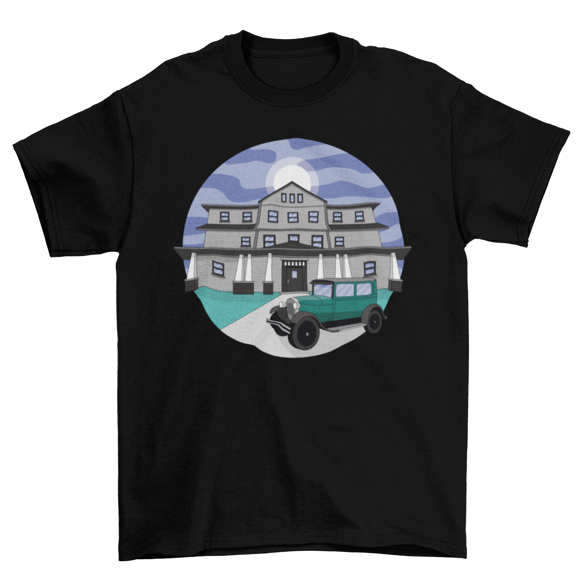 Mansion building t-shirt featuring an old mansion and an antique car design, perfect for fraternity events.