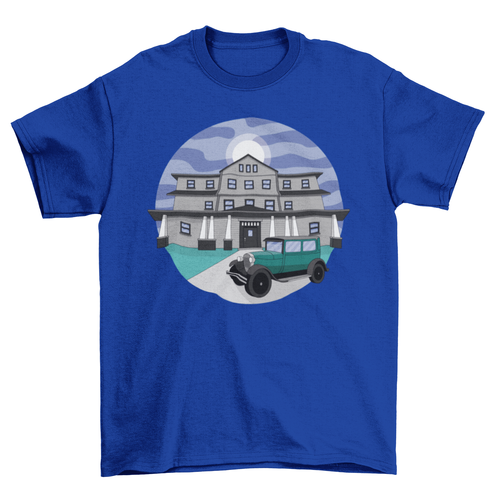 Mansion building t-shirt featuring an old mansion and an antique car design, perfect for fraternity events.