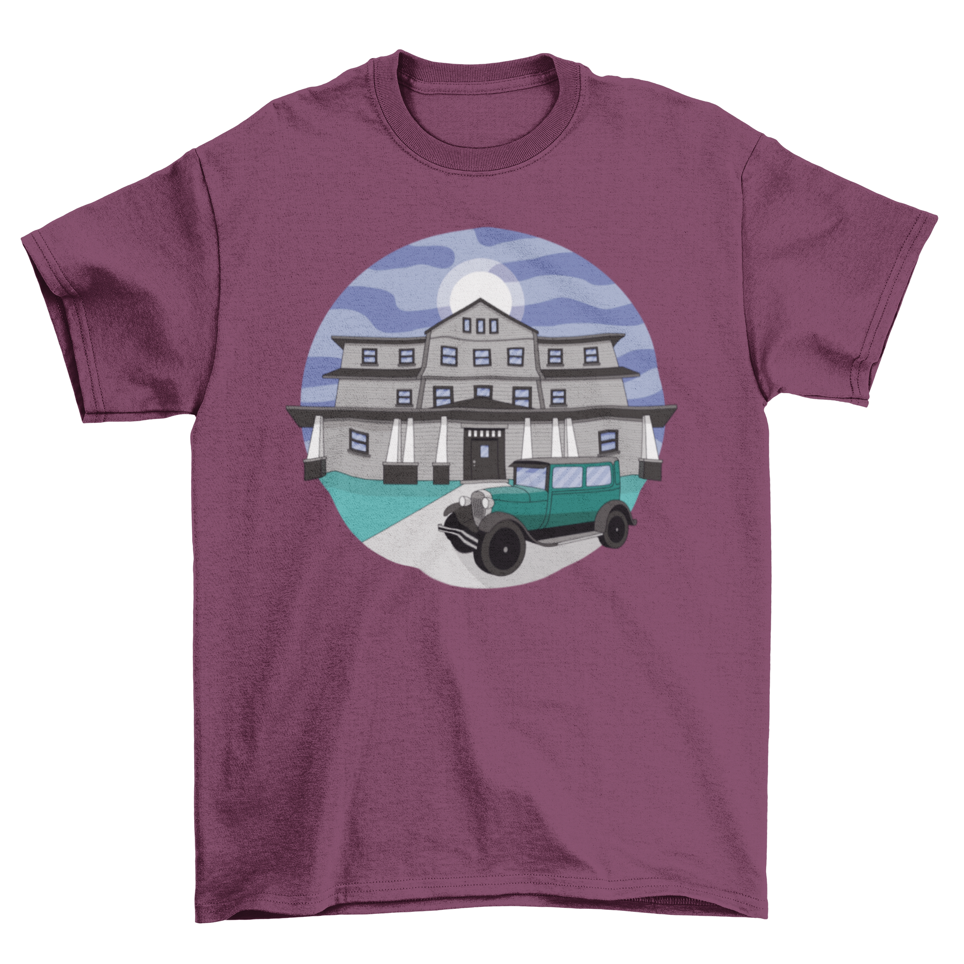 Mansion building t-shirt featuring an old mansion and an antique car design, perfect for fraternity events.