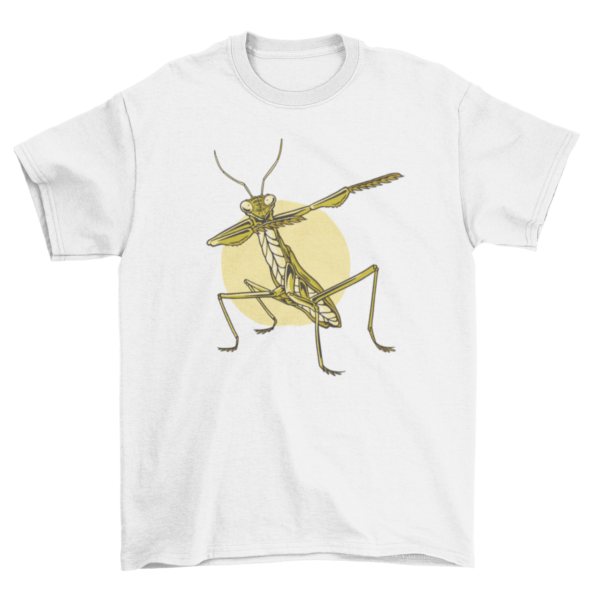 A humorous t-shirt featuring a praying mantis dabbing, showcasing a fun and quirky design.