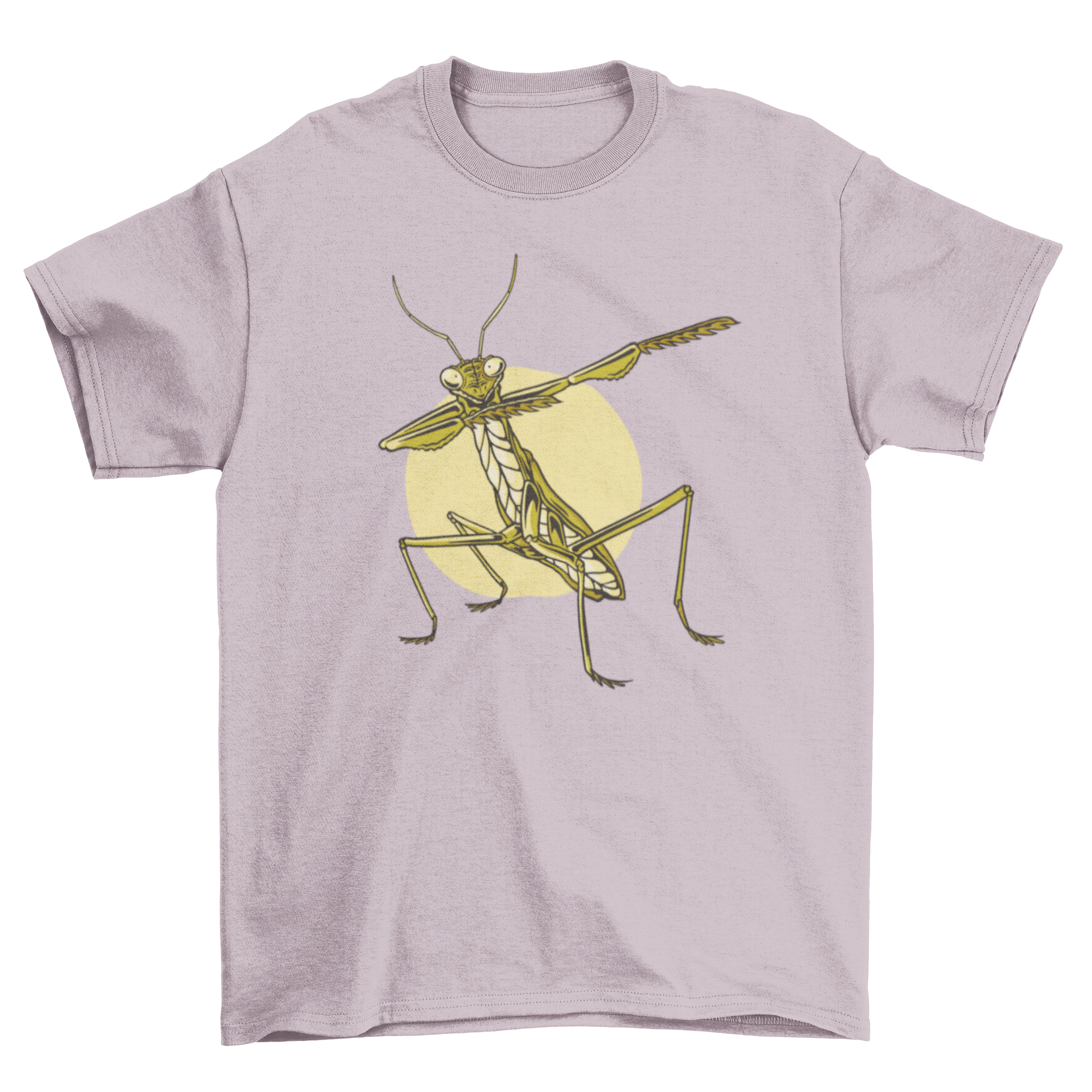 A humorous t-shirt featuring a praying mantis dabbing, showcasing a fun and quirky design.