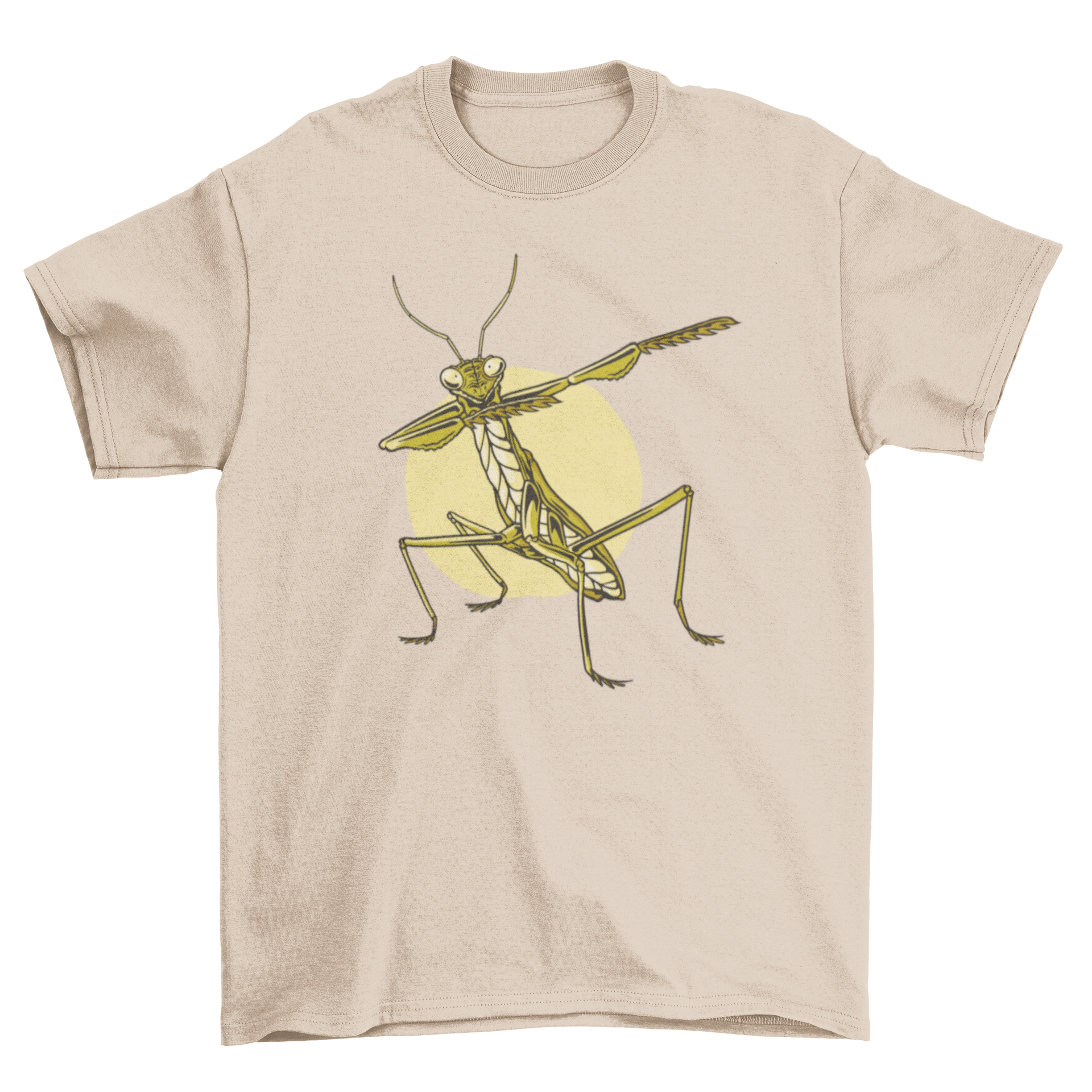 A humorous t-shirt featuring a praying mantis dabbing, showcasing a fun and quirky design.