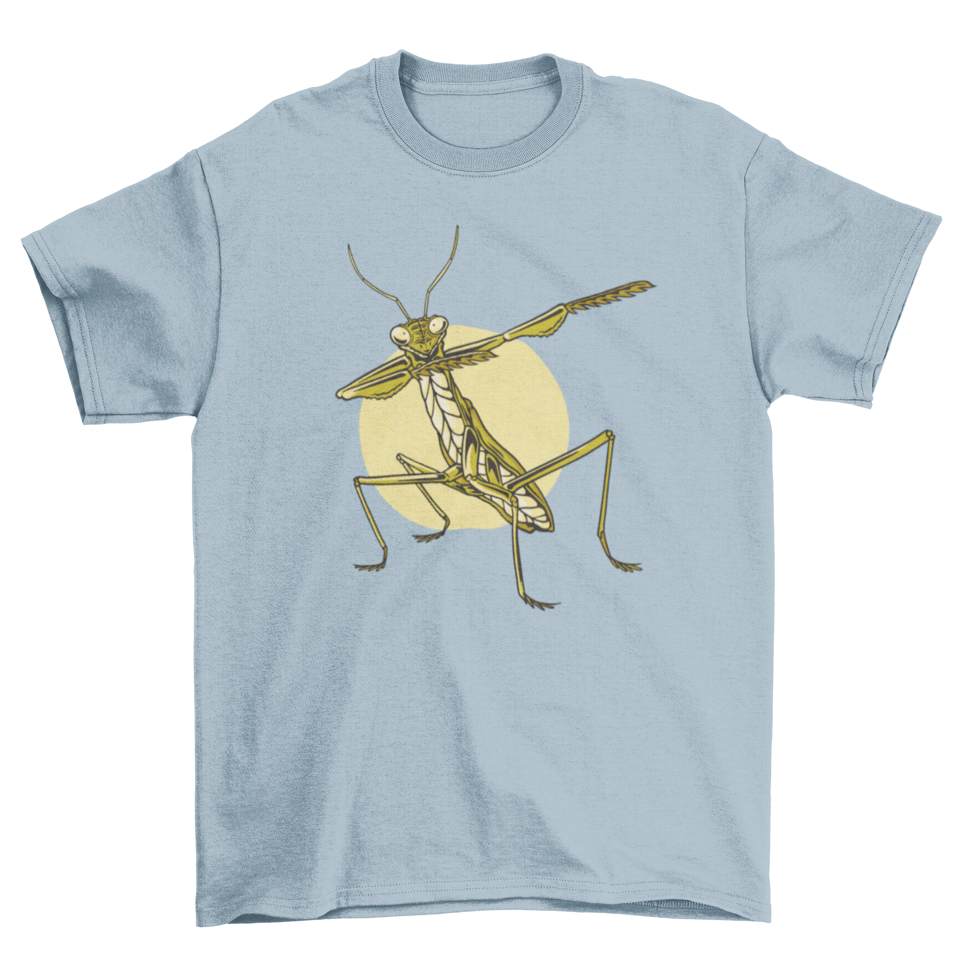 A humorous t-shirt featuring a praying mantis dabbing, showcasing a fun and quirky design.