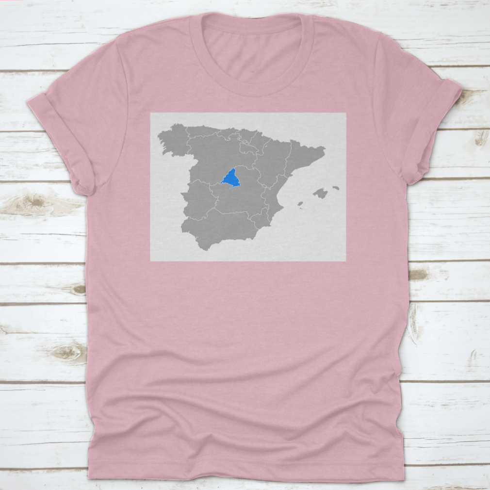 Map of Madrid Spain printed on a comfortable cotton shirt, showcasing iconic landmarks.