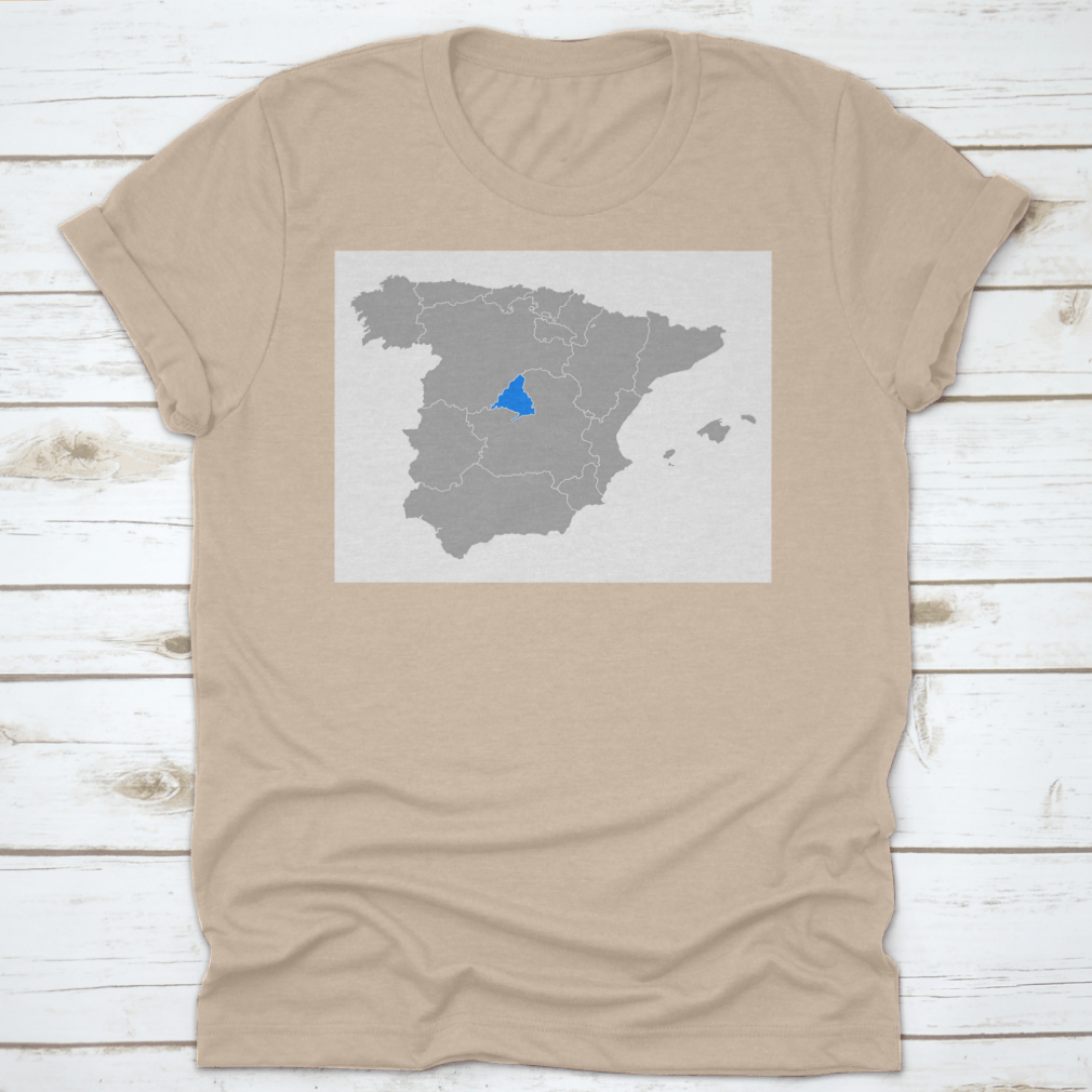 Map of Madrid Spain printed on a comfortable cotton shirt, showcasing iconic landmarks.