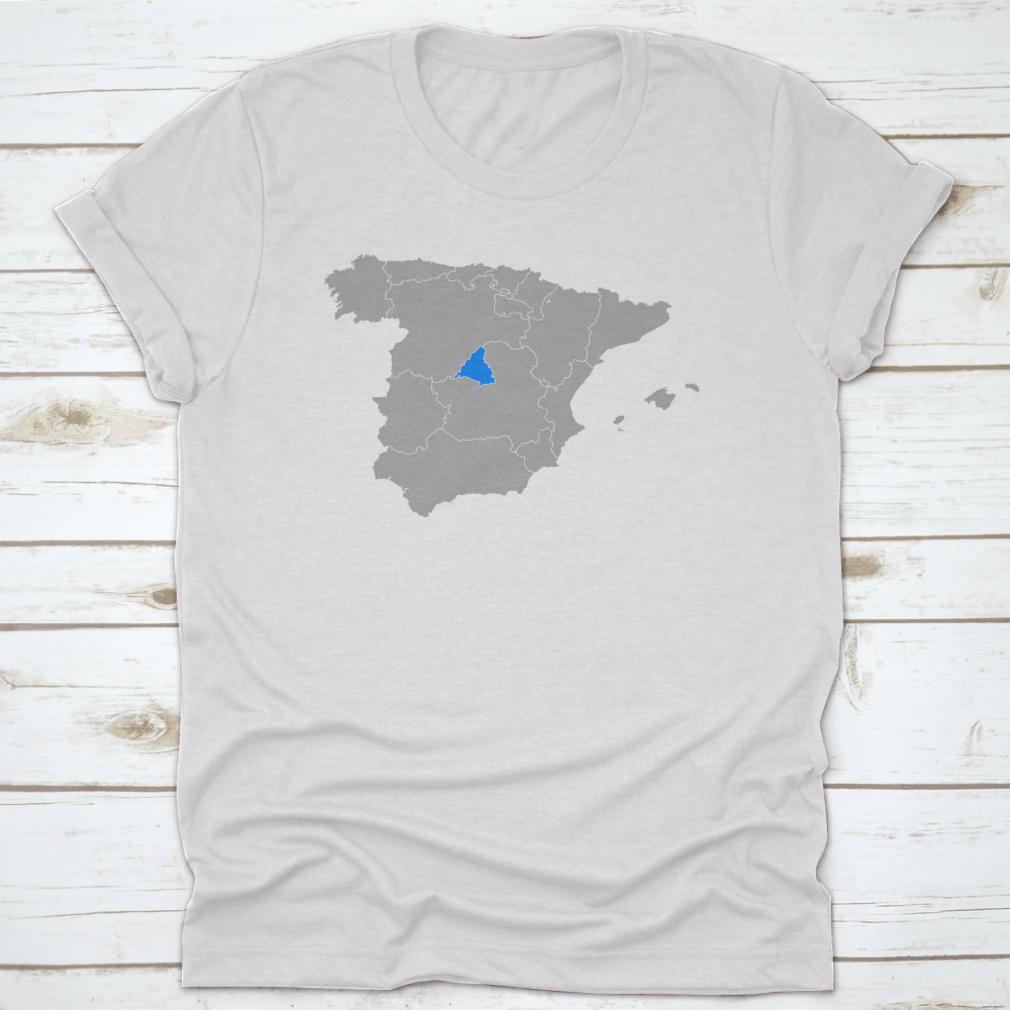 Map of Madrid Spain printed on a comfortable cotton shirt, showcasing iconic landmarks.