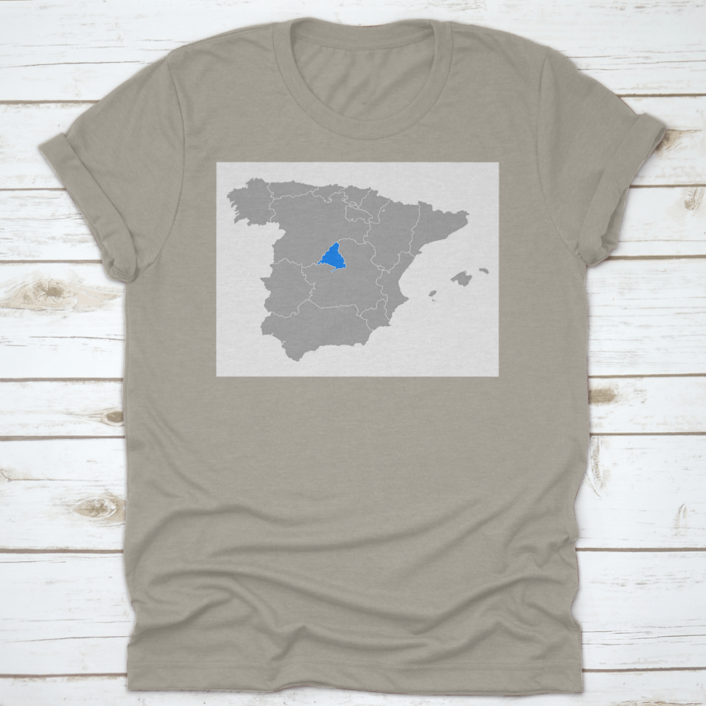 Map of Madrid Spain printed on a comfortable cotton shirt, showcasing iconic landmarks.