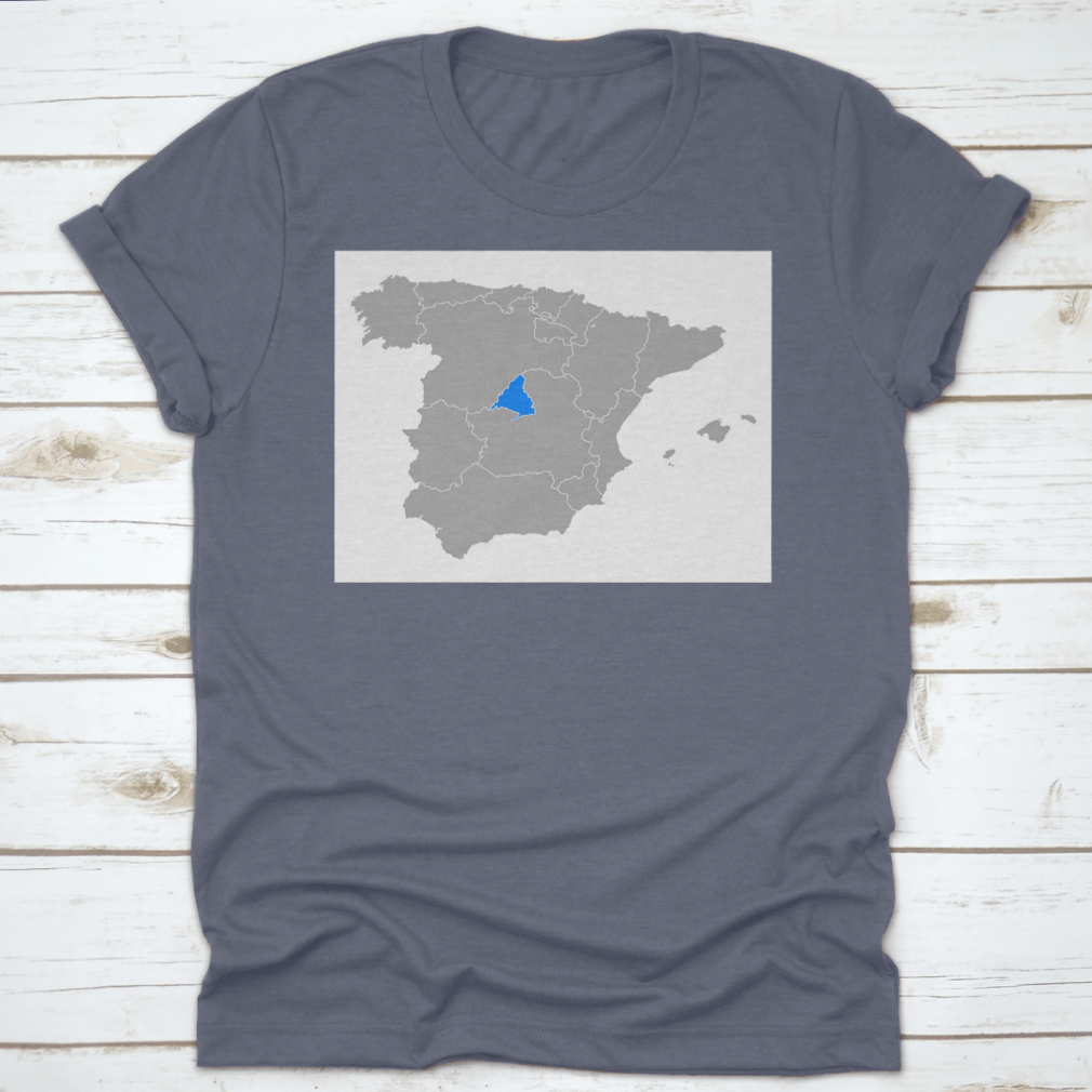 Map of Madrid Spain printed on a comfortable cotton shirt, showcasing iconic landmarks.