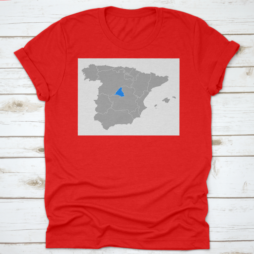 Map of Madrid Spain printed on a comfortable cotton shirt, showcasing iconic landmarks.