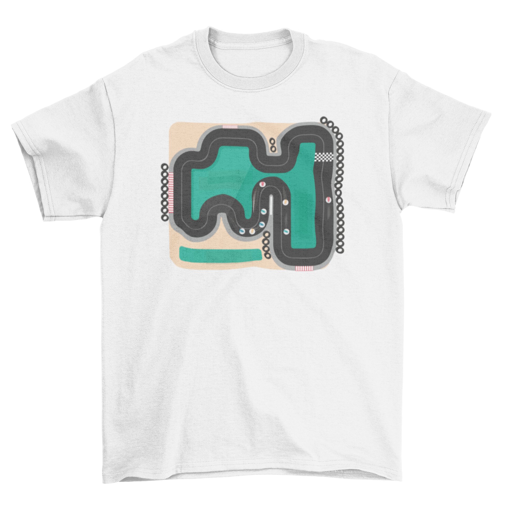 A stylish T-shirt featuring a colorful race track design with marbles, perfect for casual wear.