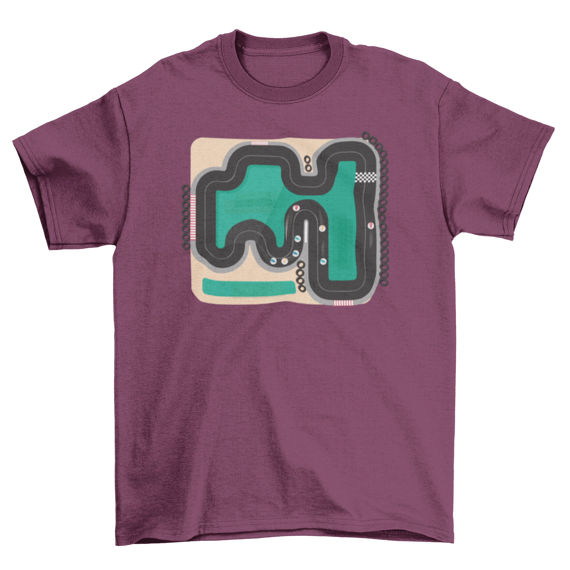 A stylish T-shirt featuring a colorful race track design with marbles, perfect for casual wear.