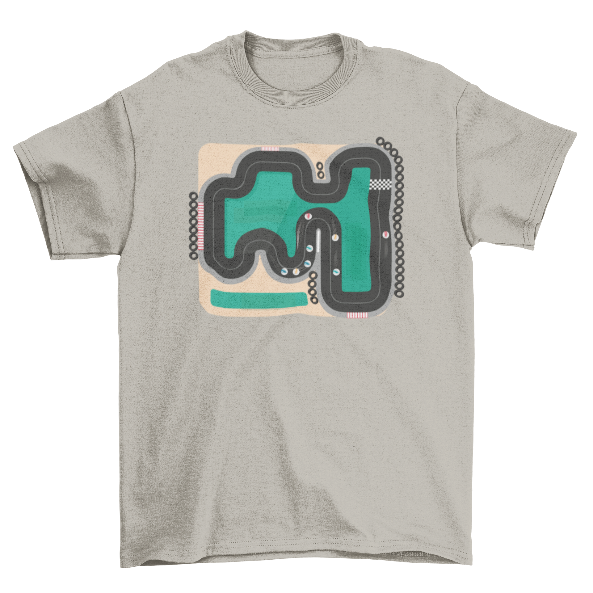 A stylish T-shirt featuring a colorful race track design with marbles, perfect for casual wear.