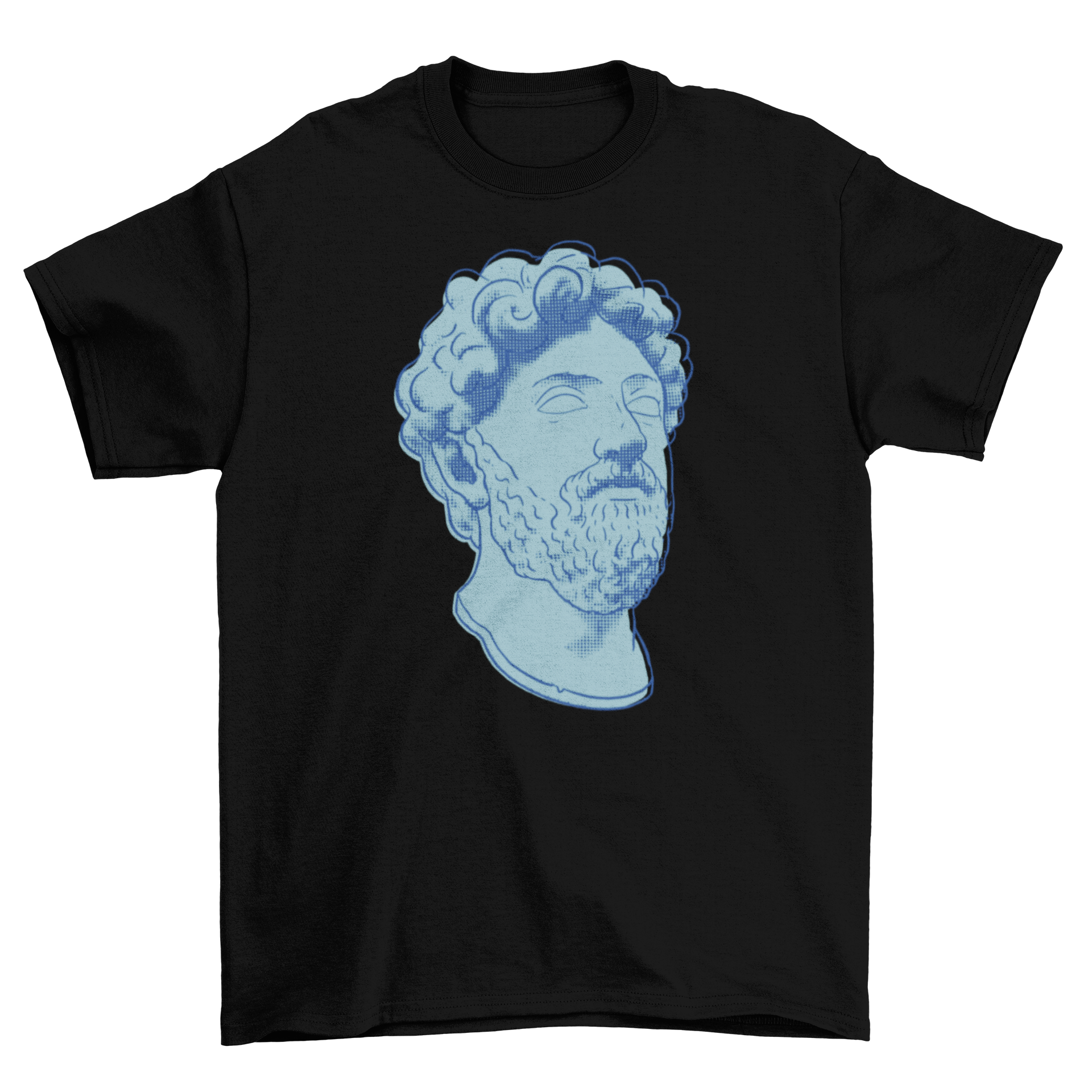 Stylish t-shirt featuring a detailed design of Marcus Aurelius statue head, perfect for philosophy enthusiasts.