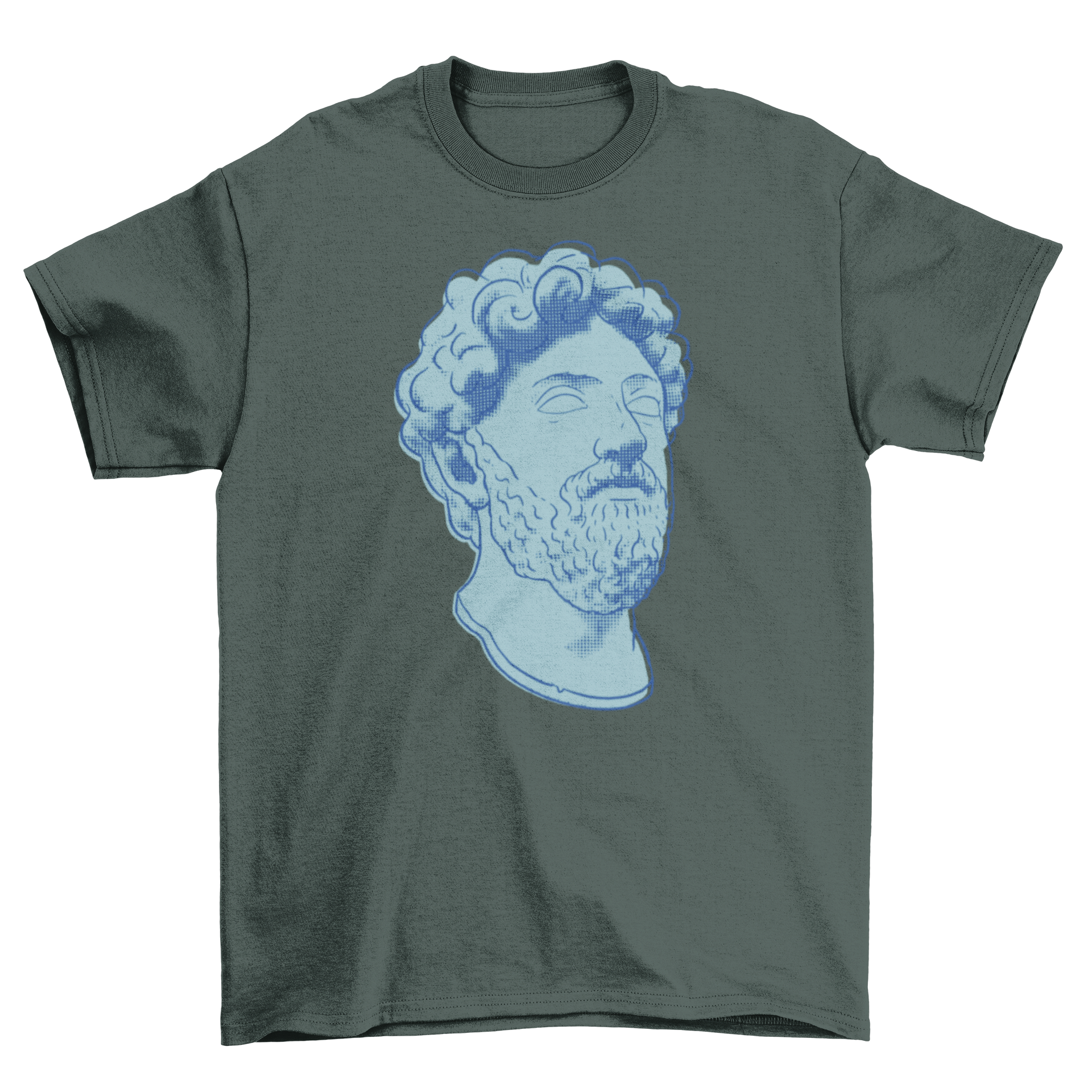 Stylish t-shirt featuring a detailed design of Marcus Aurelius statue head, perfect for philosophy enthusiasts.