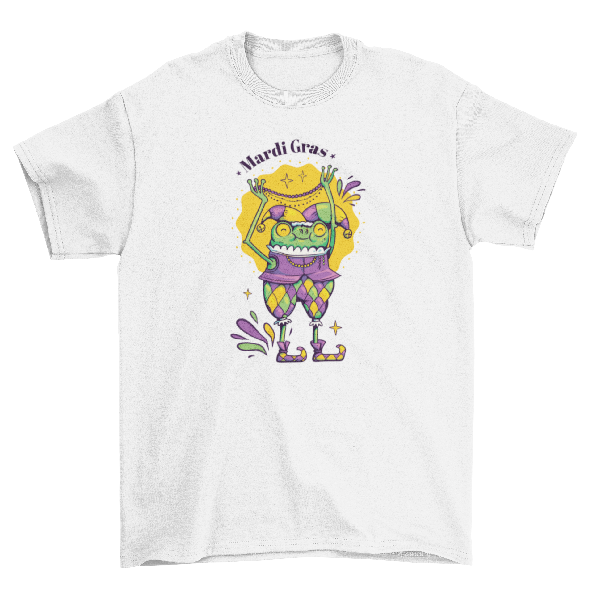 A colorful Mardi Gras character t-shirt featuring a joyful design with masks and beads.