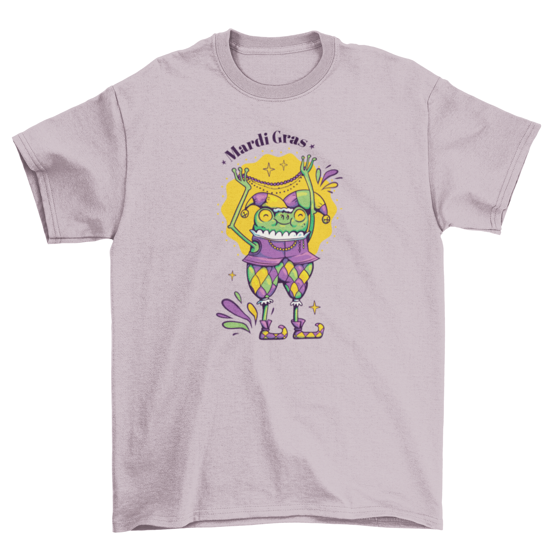 A colorful Mardi Gras character t-shirt featuring a joyful design with masks and beads.