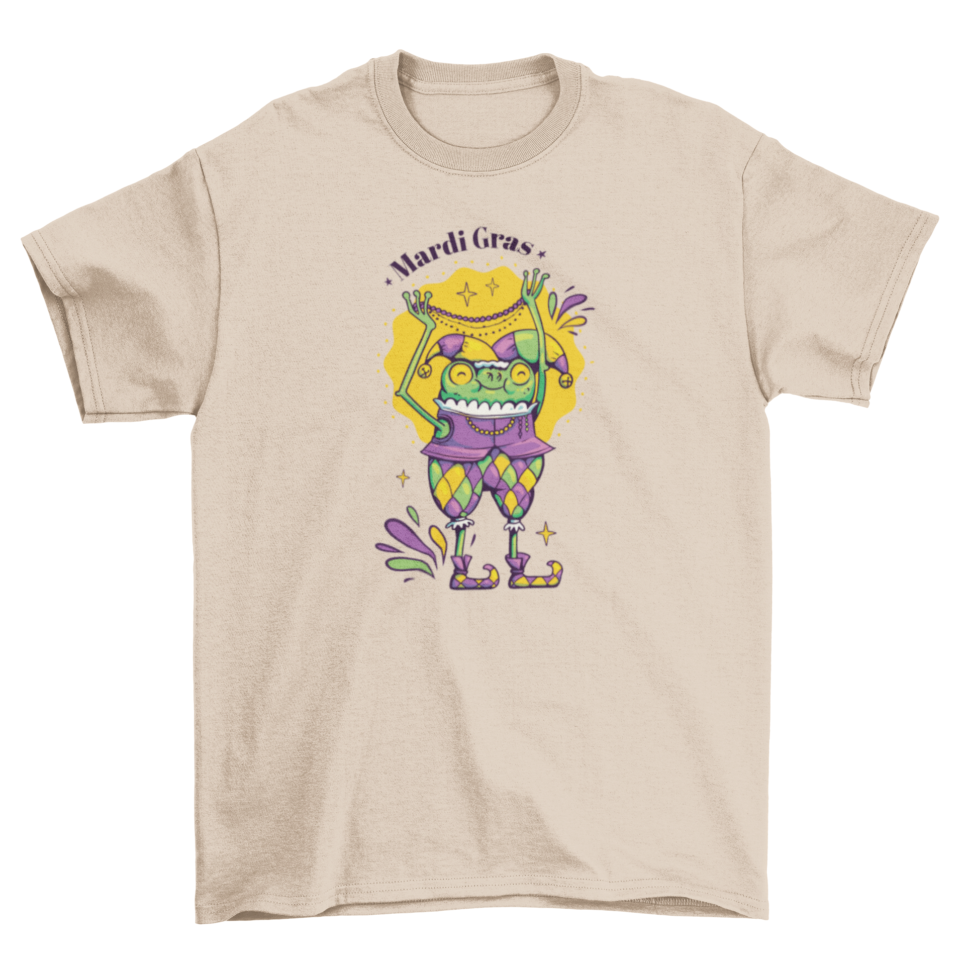 A colorful Mardi Gras character t-shirt featuring a joyful design with masks and beads.