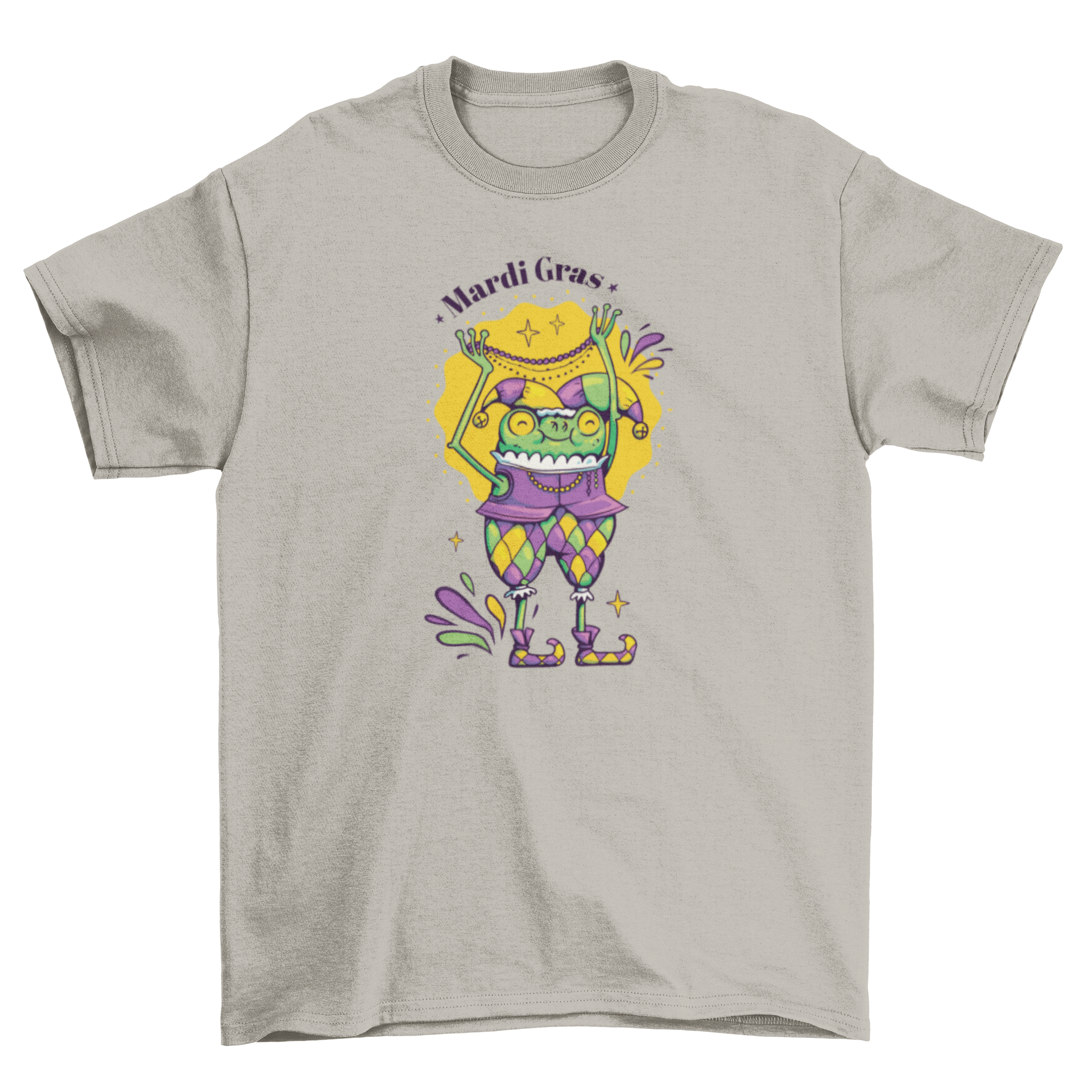 A colorful Mardi Gras character t-shirt featuring a joyful design with masks and beads.