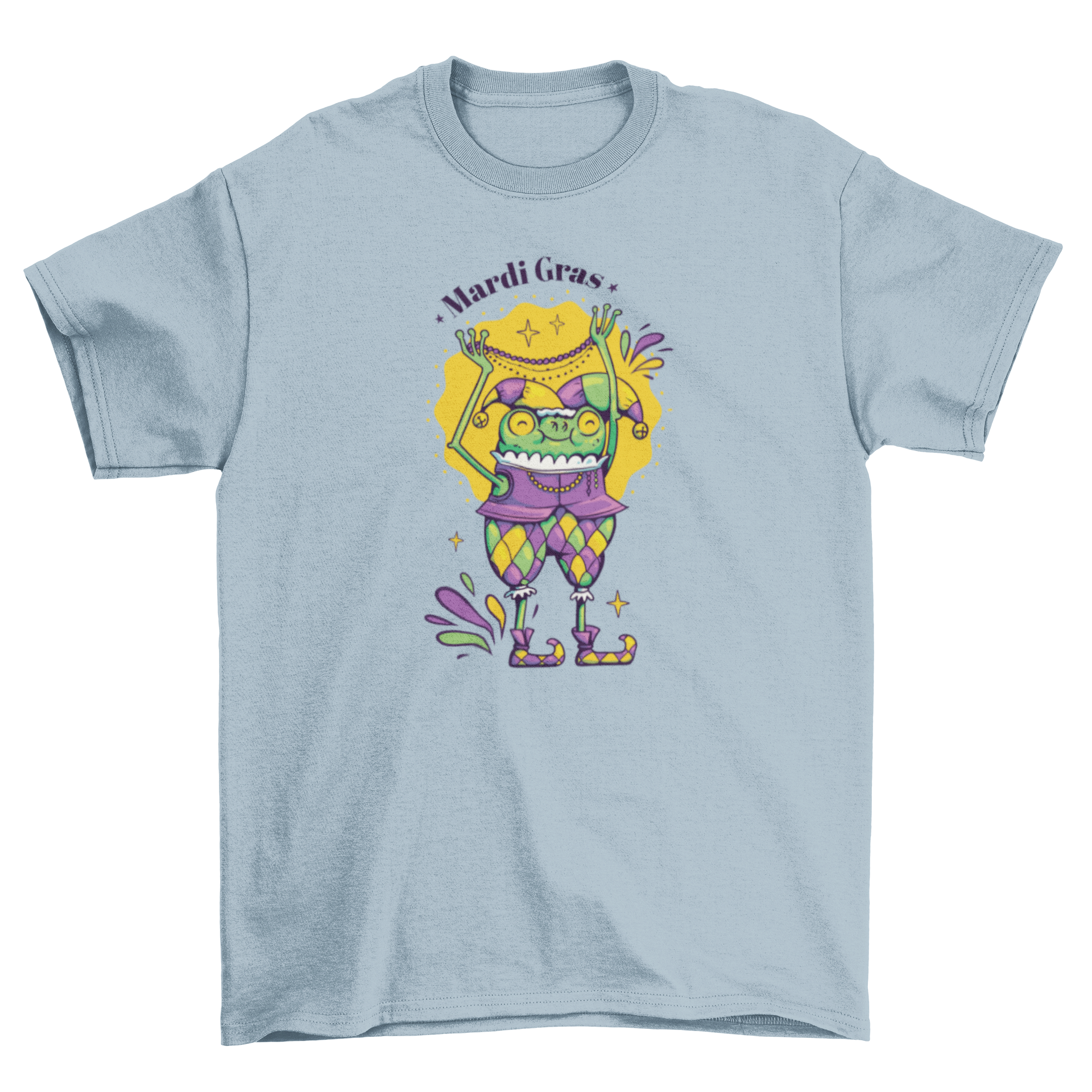 A colorful Mardi Gras character t-shirt featuring a joyful design with masks and beads.