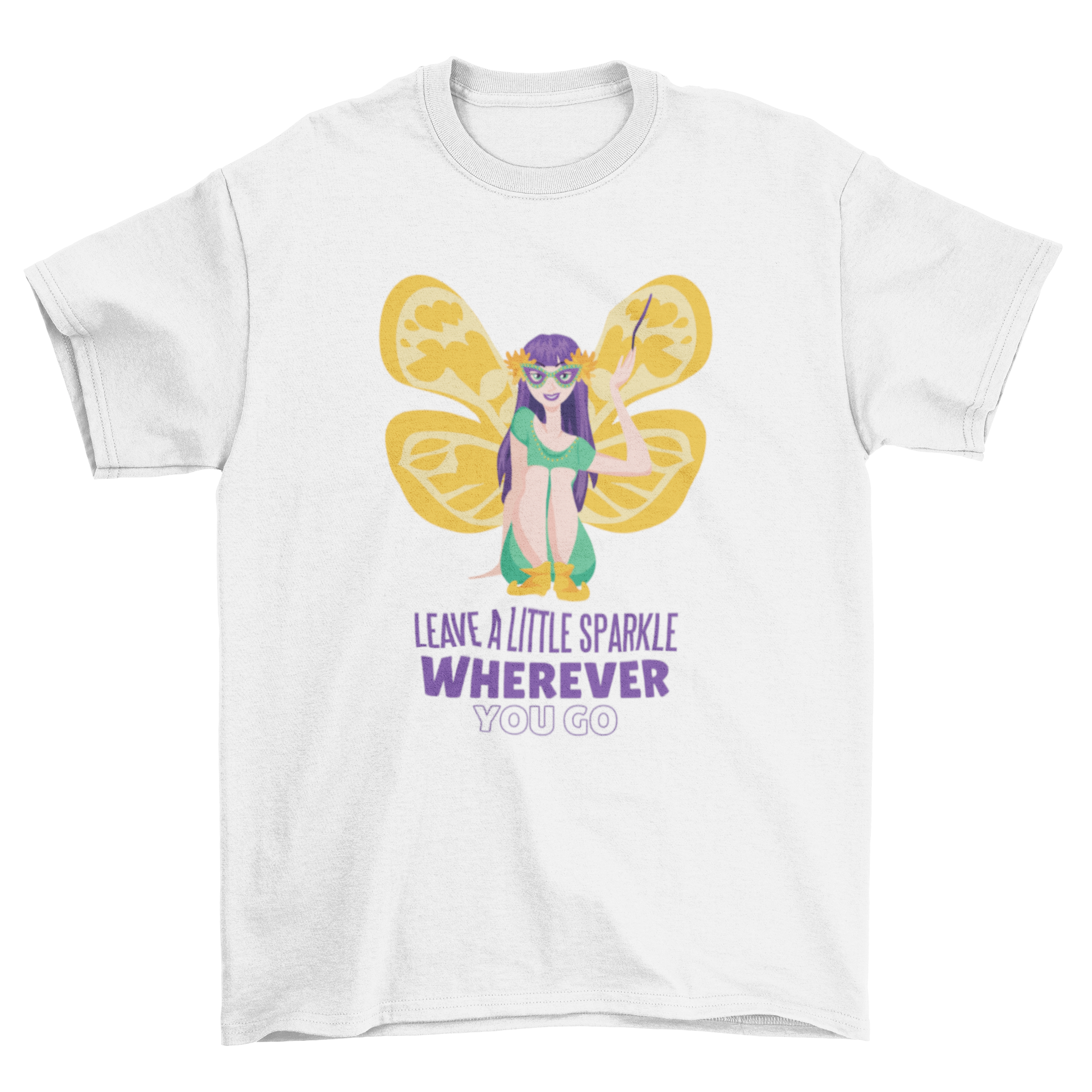 Mardi Gras Fairy T-shirt featuring a colorful fairy design and an inspiring quote.