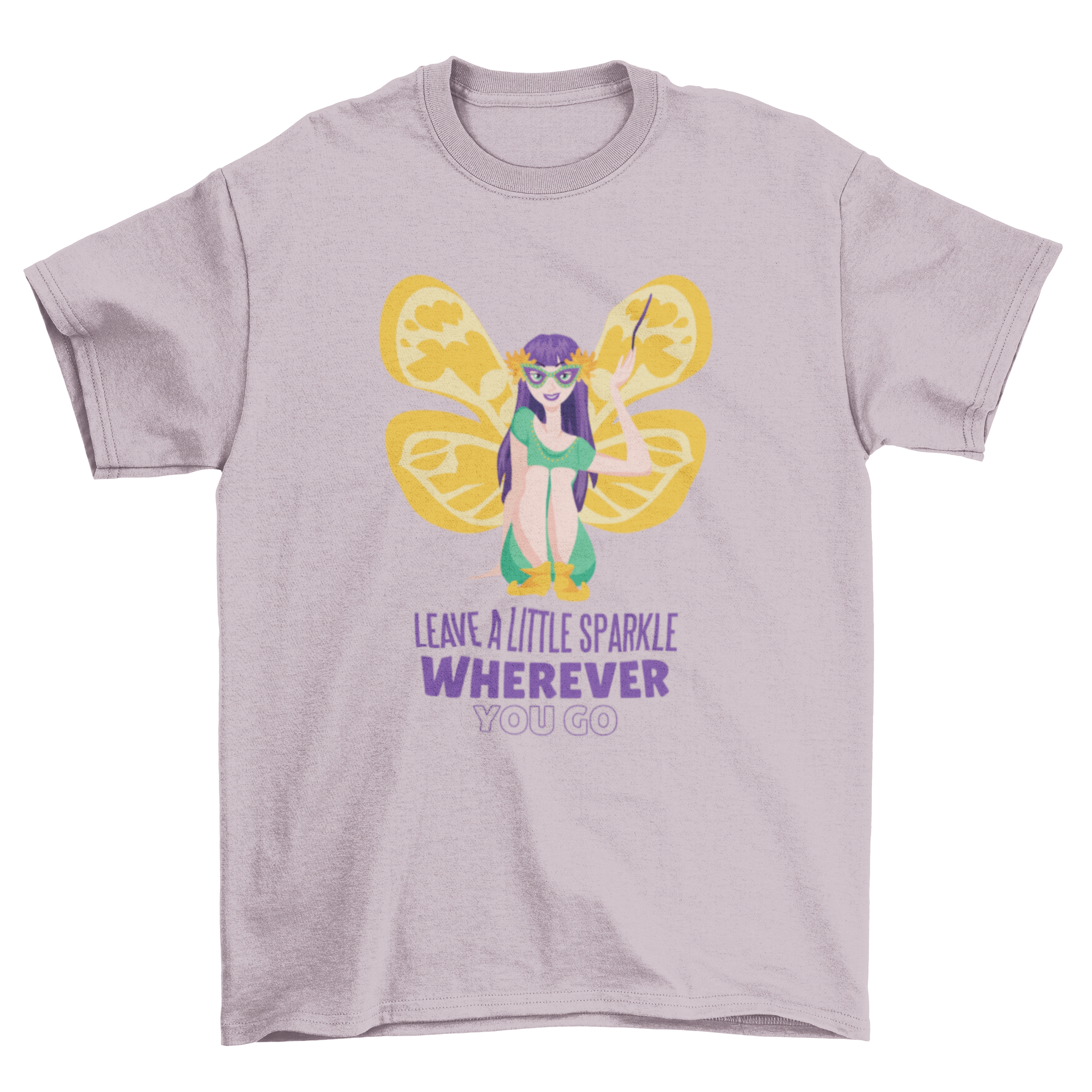 Mardi Gras Fairy T-shirt featuring a colorful fairy design and an inspiring quote.