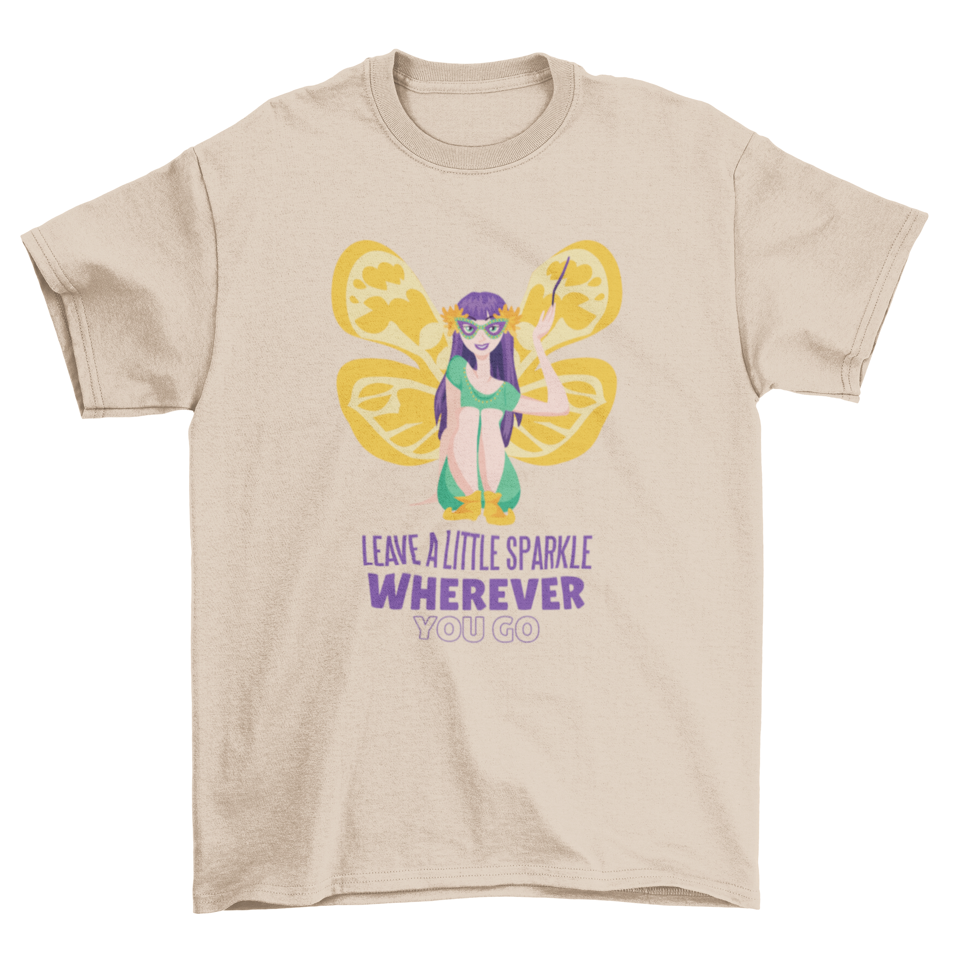 Mardi Gras Fairy T-shirt featuring a colorful fairy design and an inspiring quote.