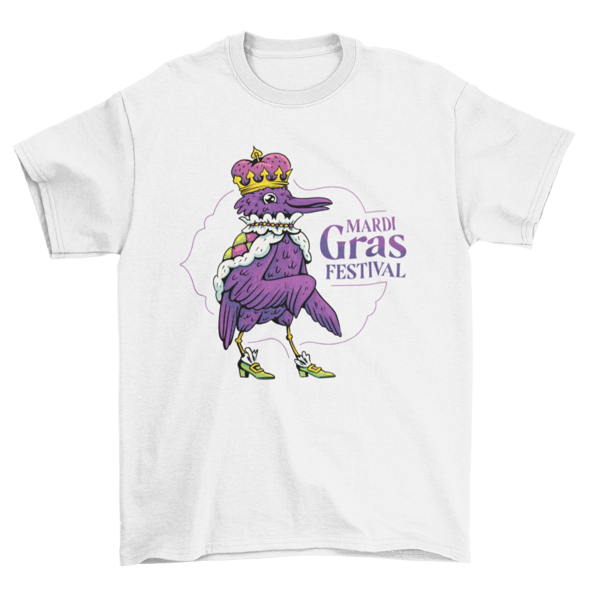 Vibrant Mardi Gras festival t-shirt featuring a colorful character and festive quote.