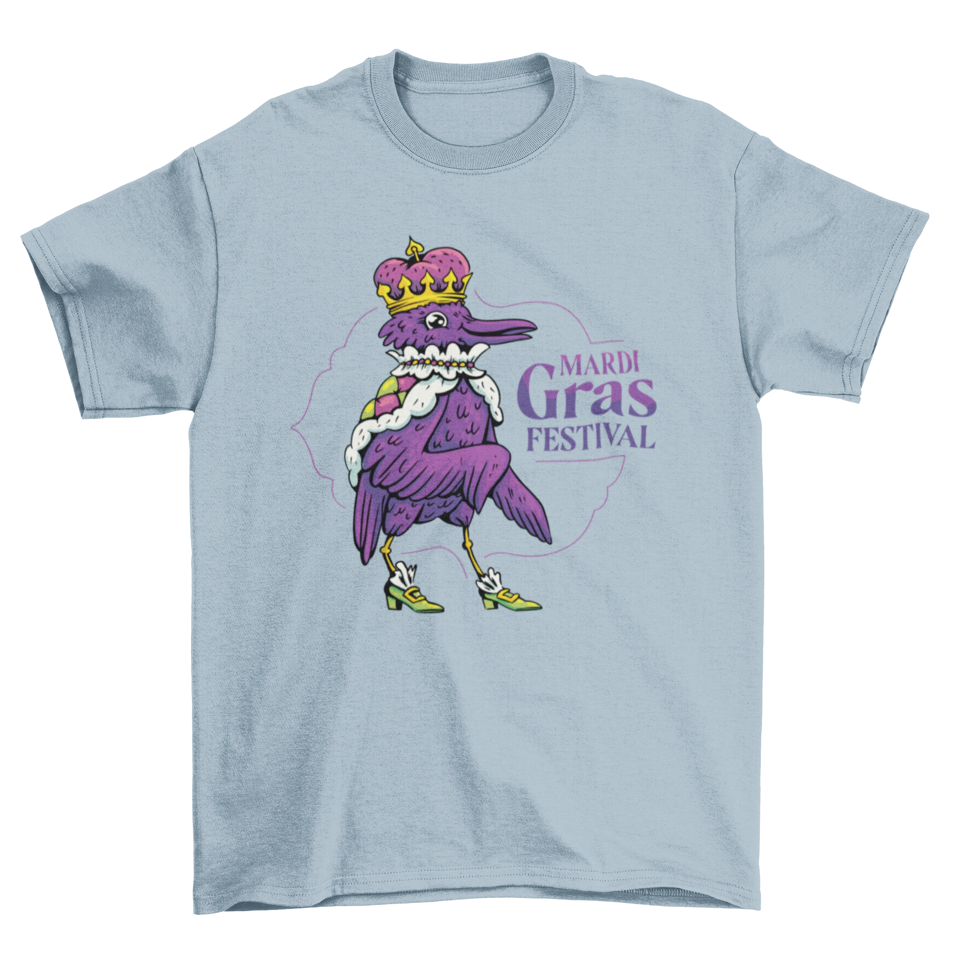 Vibrant Mardi Gras festival t-shirt featuring a colorful character and festive quote.