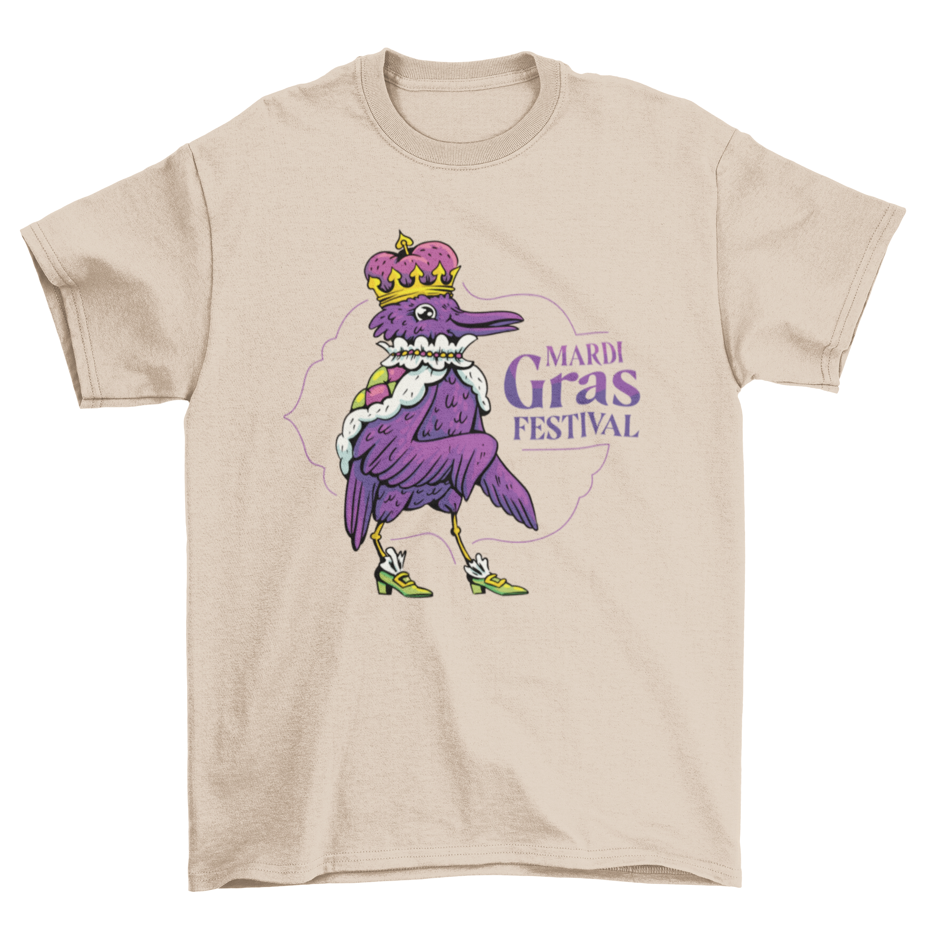 Vibrant Mardi Gras festival t-shirt featuring a colorful character and festive quote.