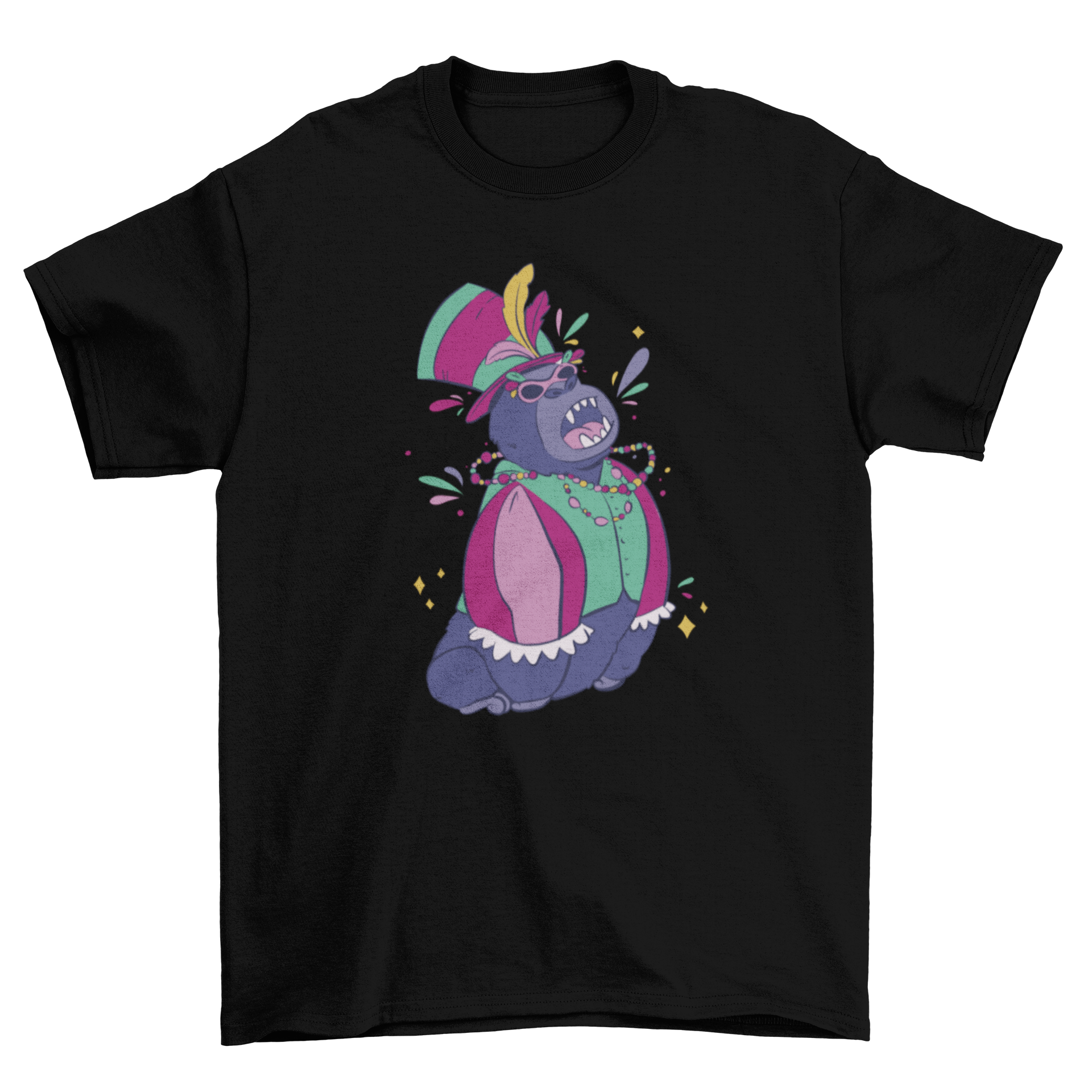 A vibrant Mardi Gras gorilla t-shirt featuring a playful gorilla character with festive colors and accessories.