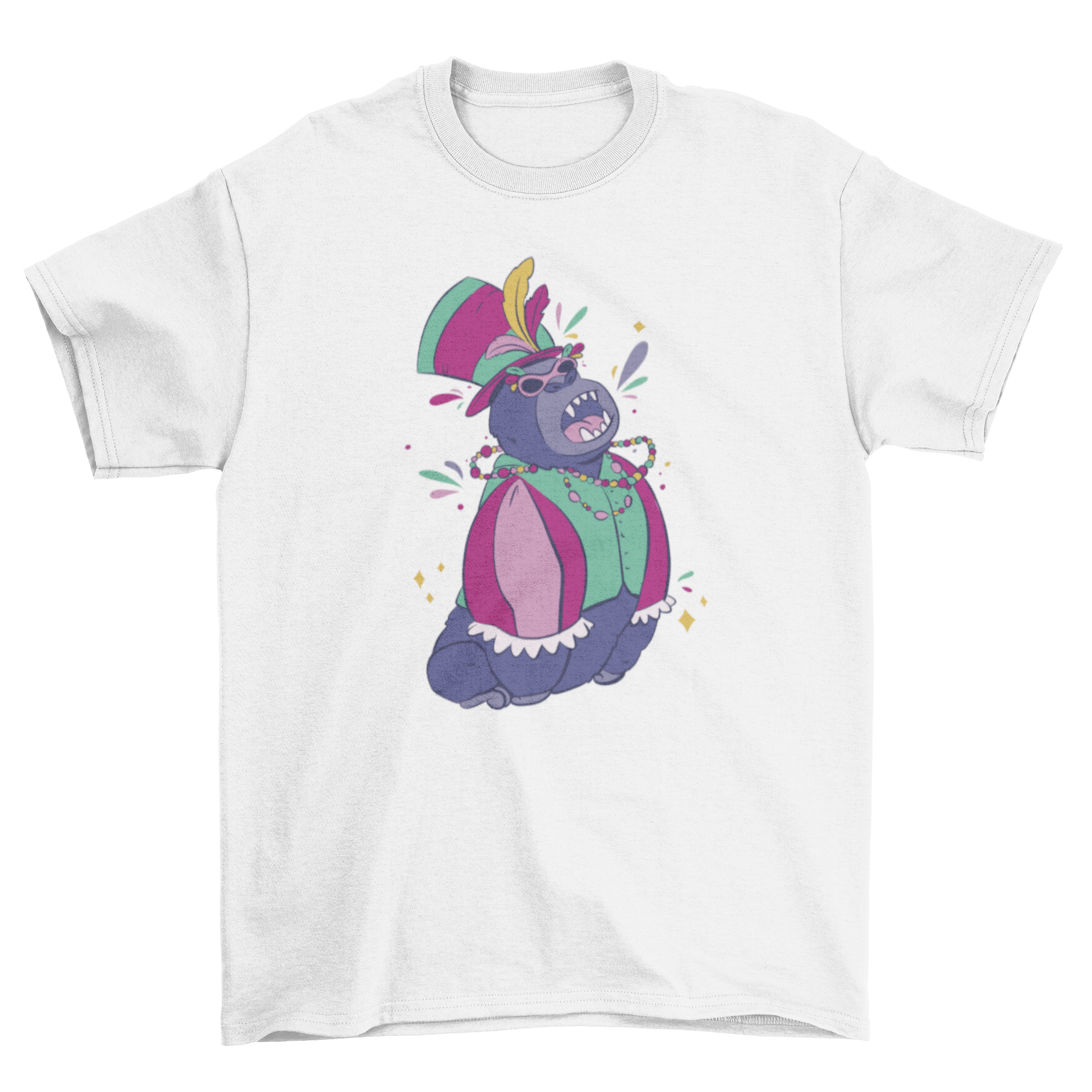 A vibrant Mardi Gras gorilla t-shirt featuring a playful gorilla character with festive colors and accessories.