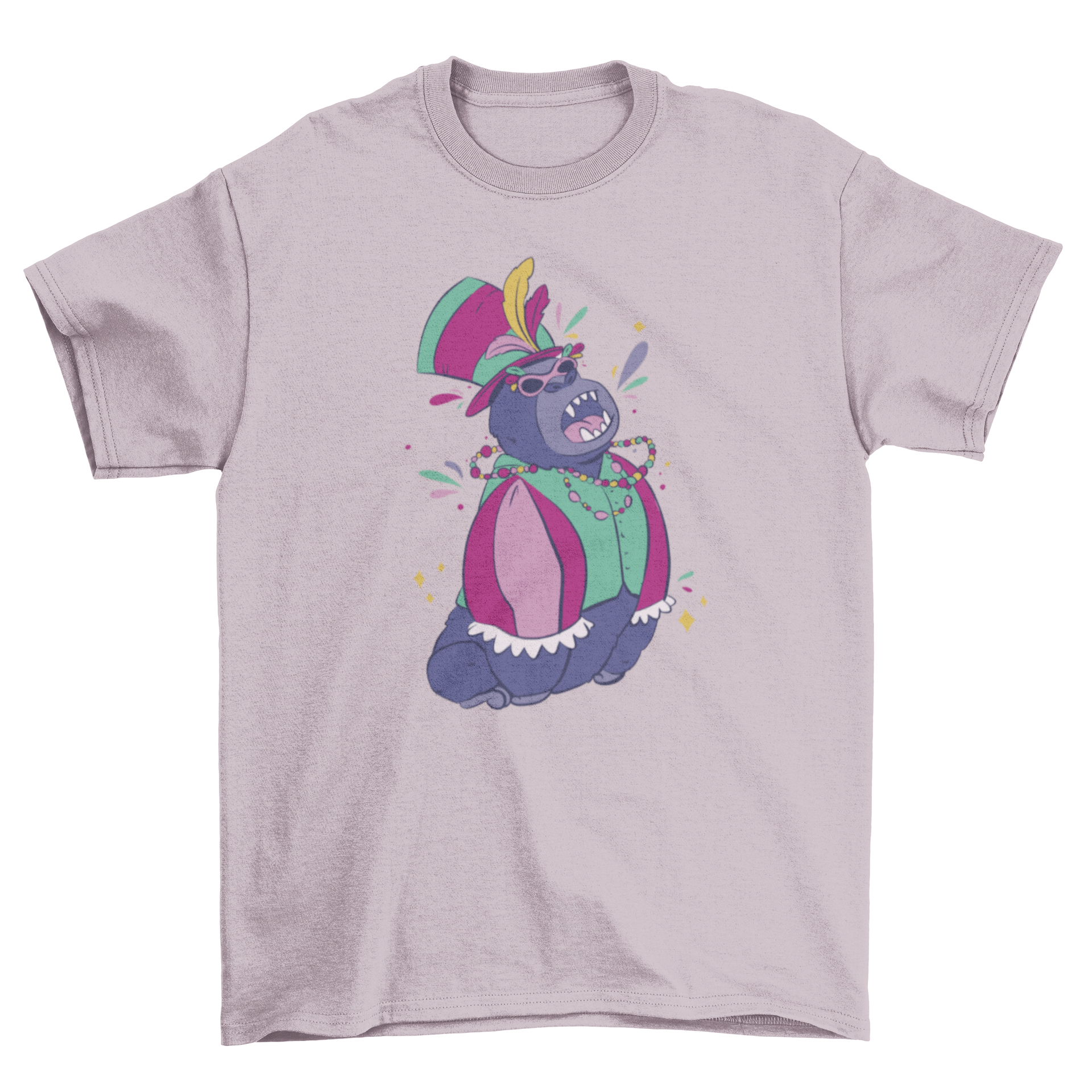 A vibrant Mardi Gras gorilla t-shirt featuring a playful gorilla character with festive colors and accessories.