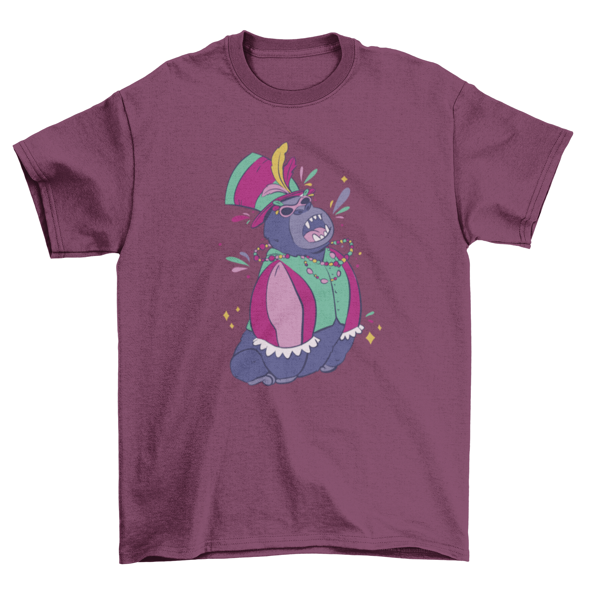 A vibrant Mardi Gras gorilla t-shirt featuring a playful gorilla character with festive colors and accessories.