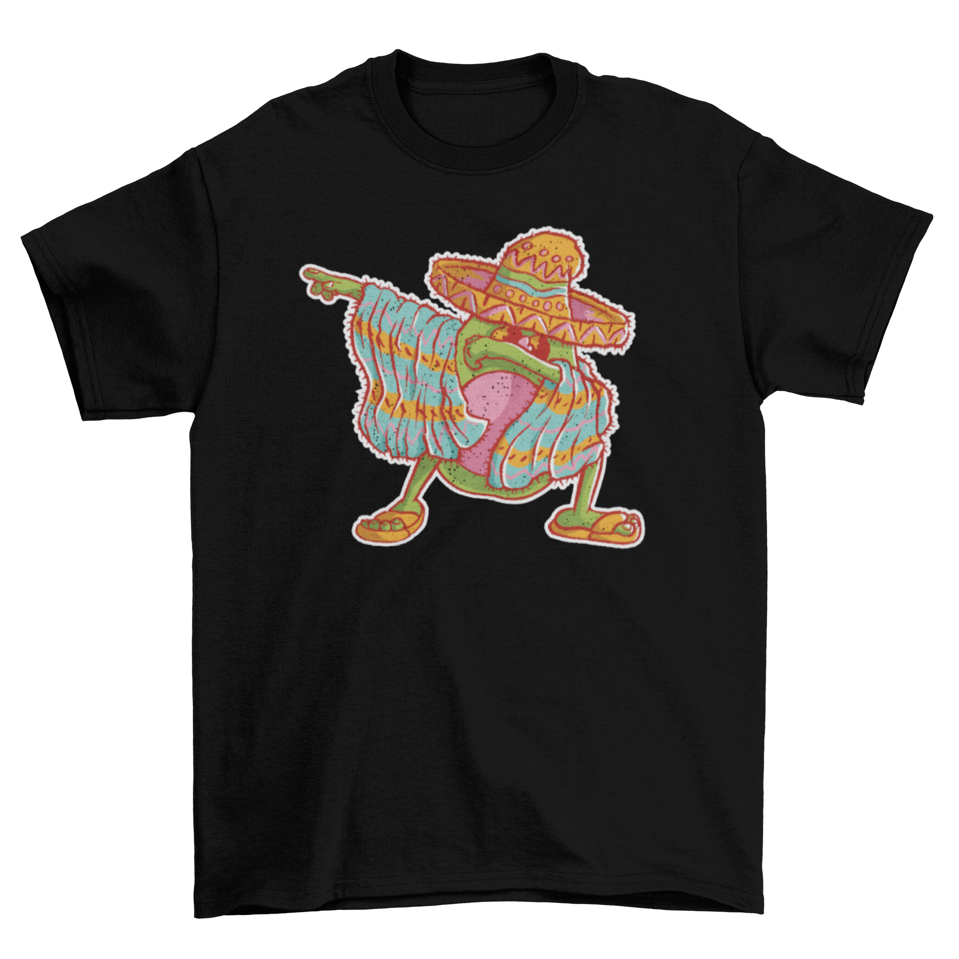 A vibrant t-shirt featuring a cartoon avocado dressed in mariachi attire, dabbing playfully.