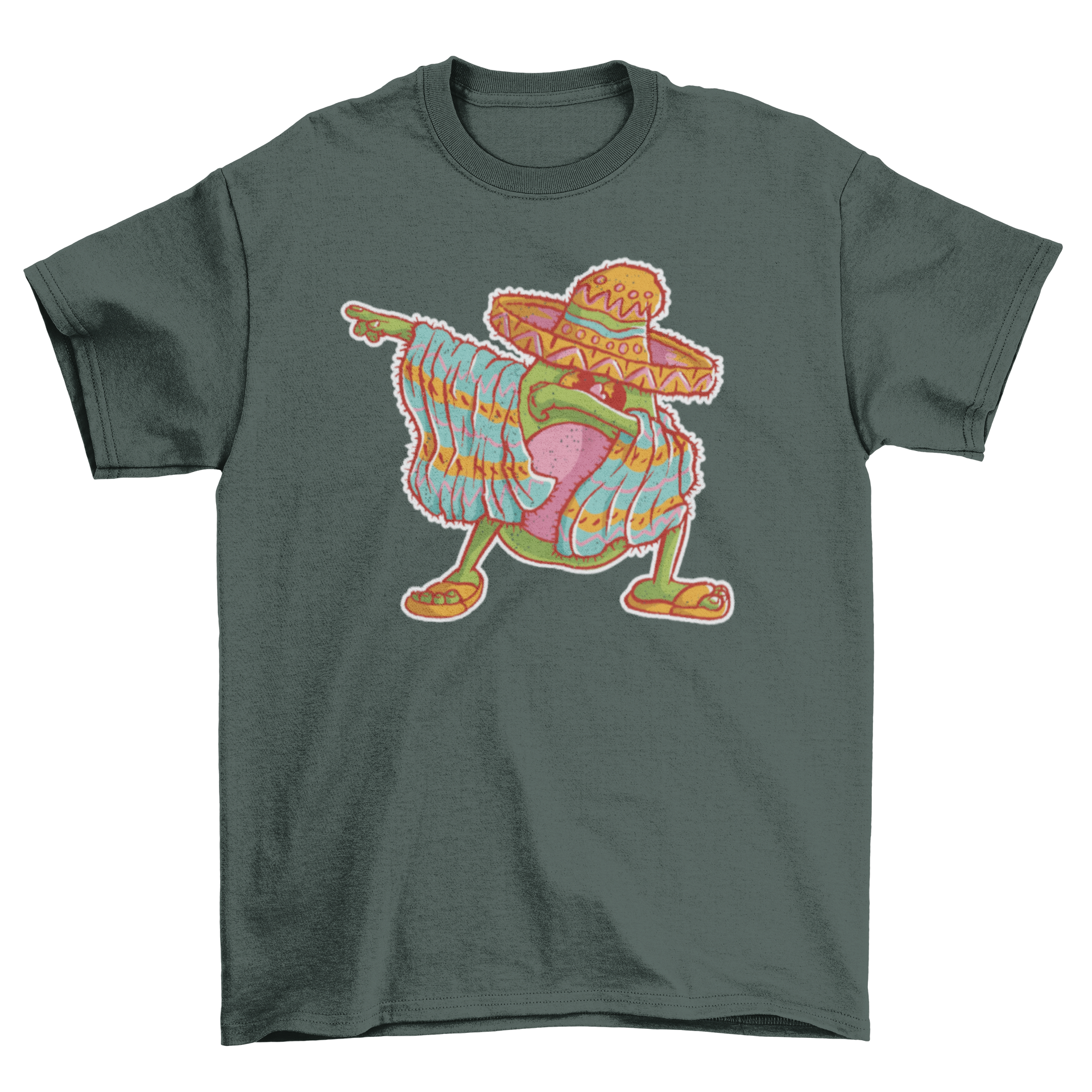 A vibrant t-shirt featuring a cartoon avocado dressed in mariachi attire, dabbing playfully.