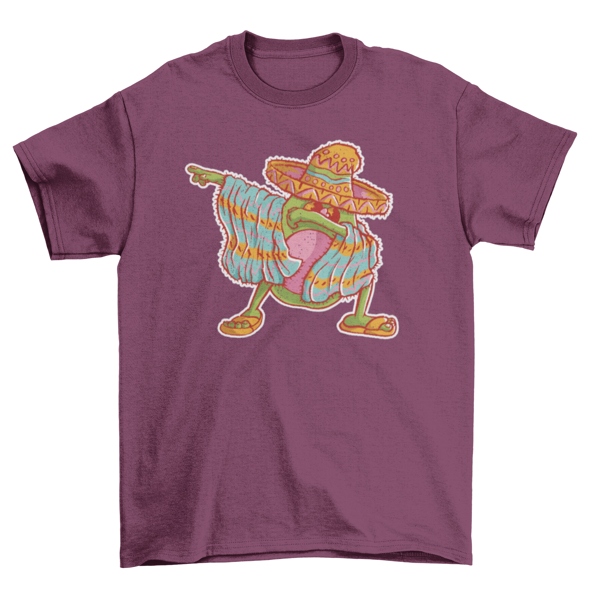 A vibrant t-shirt featuring a cartoon avocado dressed in mariachi attire, dabbing playfully.