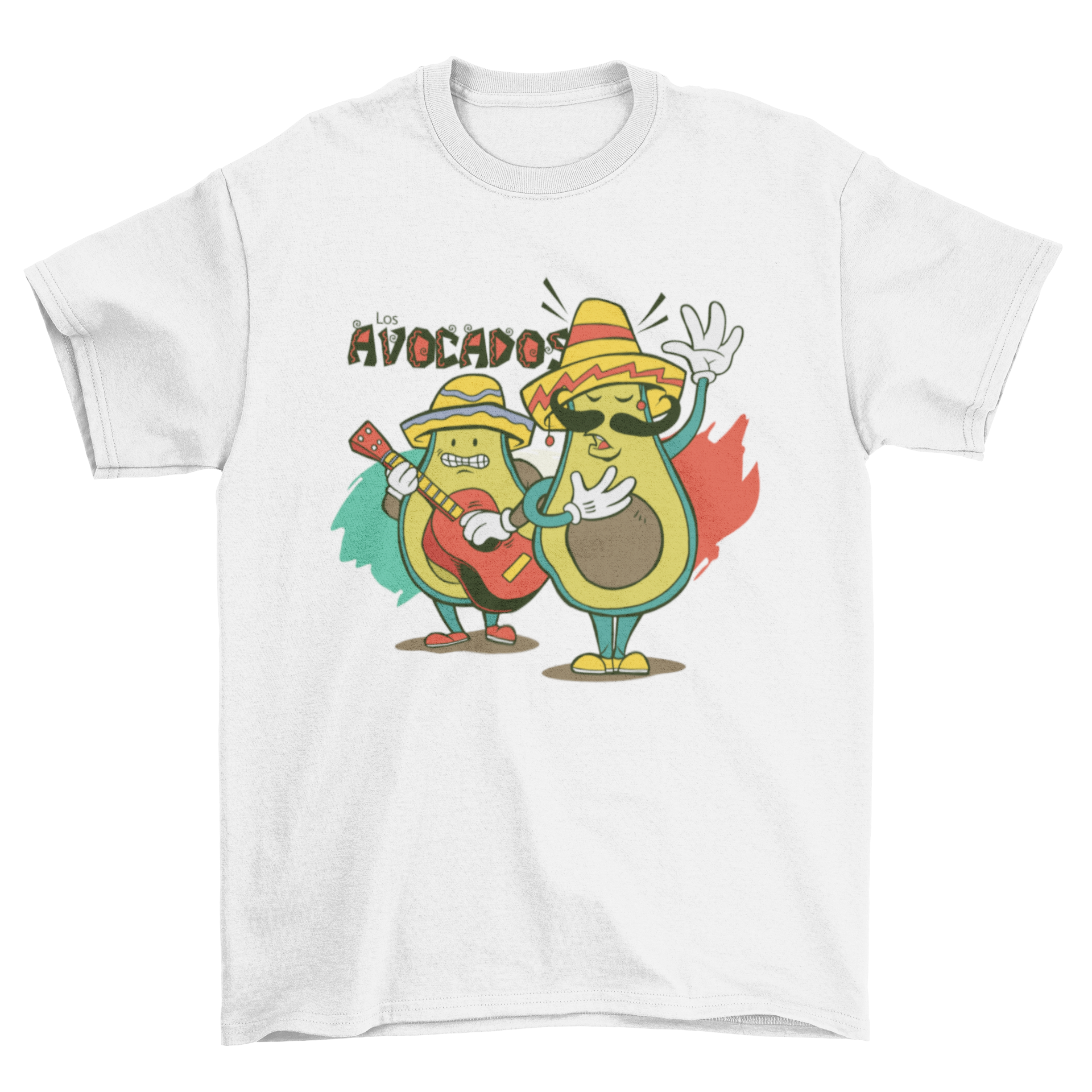 A colorful t-shirt design featuring two cartoon avocados in mariachi outfits playing guitar with the text 'Los avocados'.