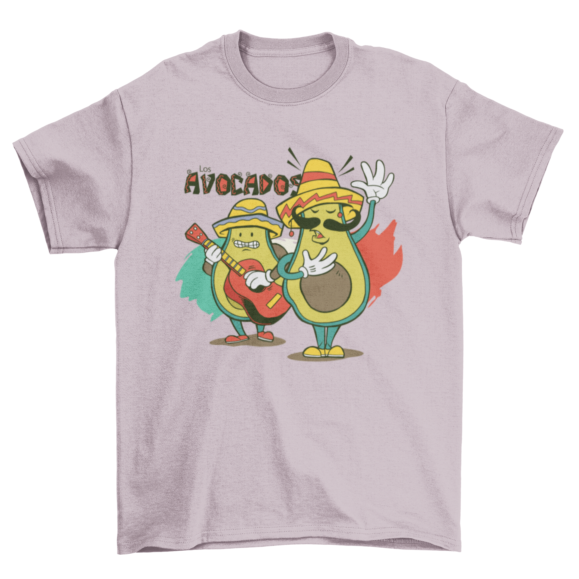 A colorful t-shirt design featuring two cartoon avocados in mariachi outfits playing guitar with the text 'Los avocados'.