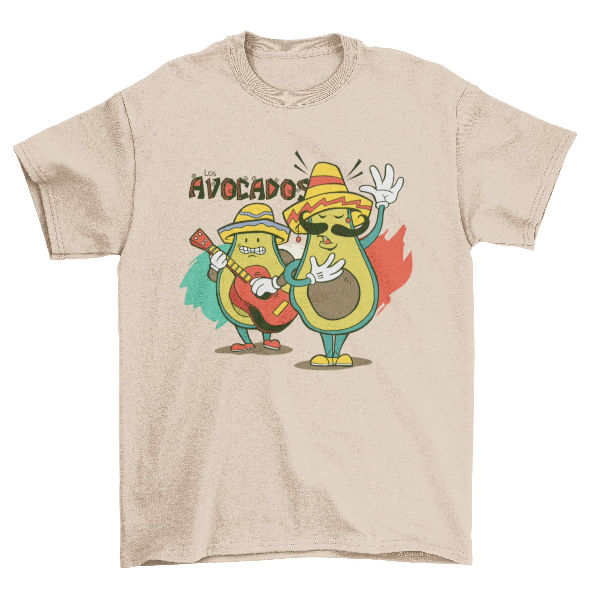 A colorful t-shirt design featuring two cartoon avocados in mariachi outfits playing guitar with the text 'Los avocados'.