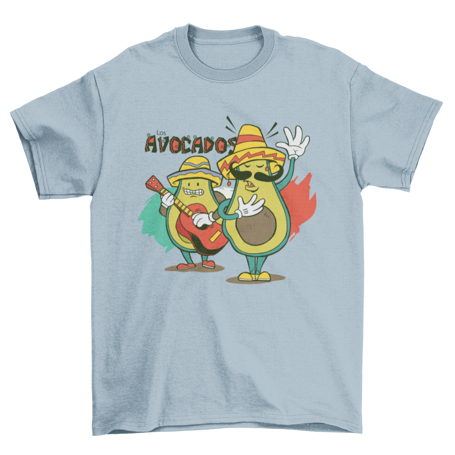 A colorful t-shirt design featuring two cartoon avocados in mariachi outfits playing guitar with the text 'Los avocados'.